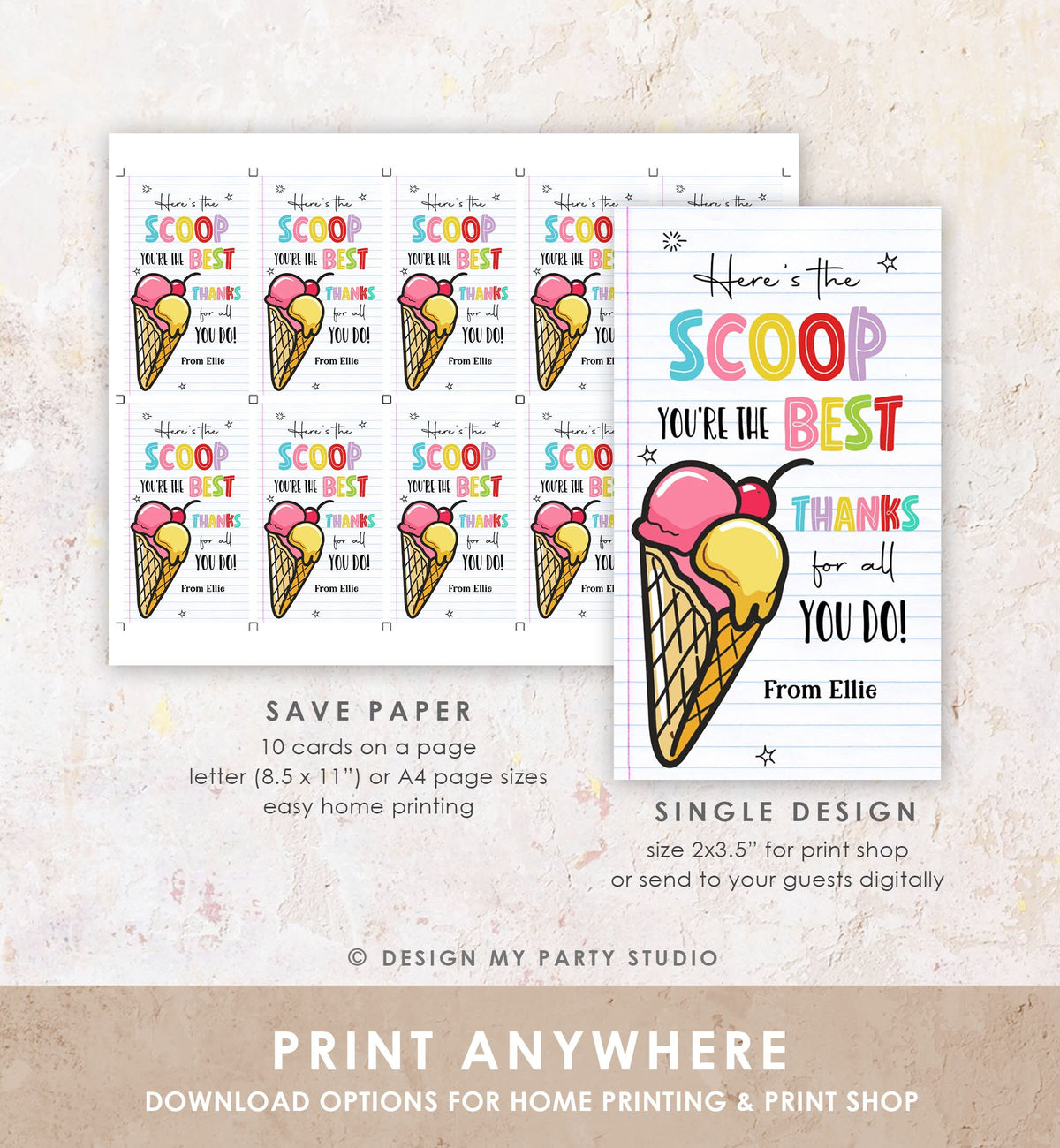 Editable Summer Ice Cream Teacher Appreciation Tag Kids End Of School Year Here&#39;s the Scoop Employee Nurse Digital Template Printable 0464