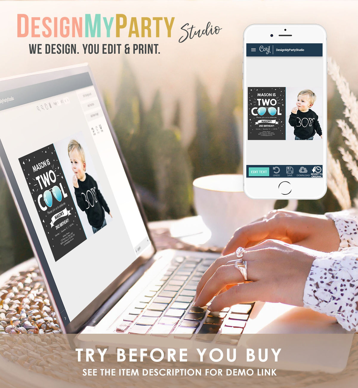 Editable Two Cool Birthday Invitation Boy Second Birthday Party 2nd I&#39;m Two Cool Pilot Sunglasses Photo Printable Phone Evite Template 0136