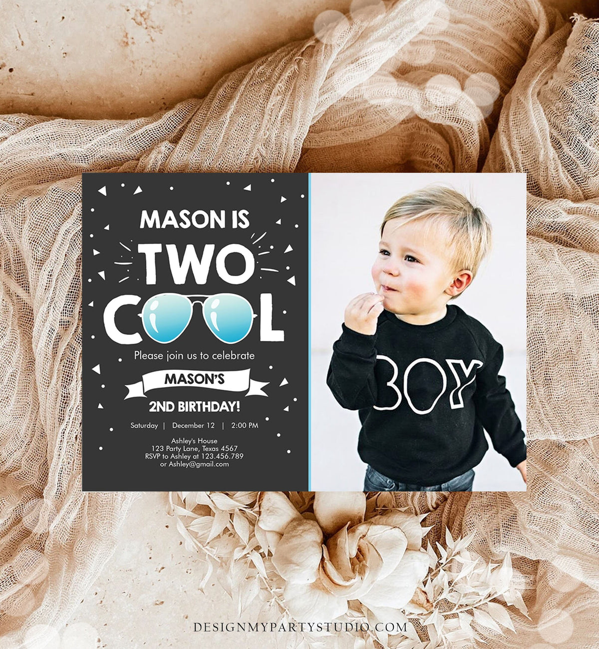 Editable Two Cool Birthday Invitation Boy Second Birthday Party 2nd I&#39;m Two Cool Pilot Sunglasses Photo Printable Phone Evite Template 0136