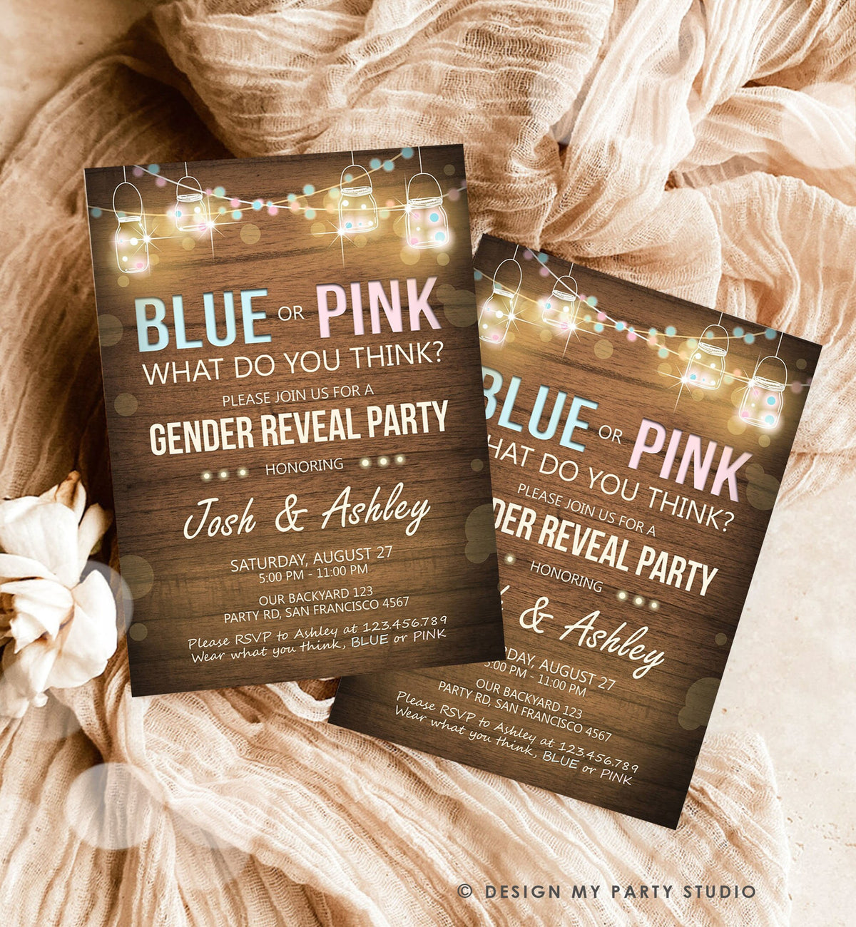 Editable Gender Reveal Invitation Baby Shower Boy or Girl Pink or Blue He She Wood Rustic Template Instant Download Digital Corjl 0015