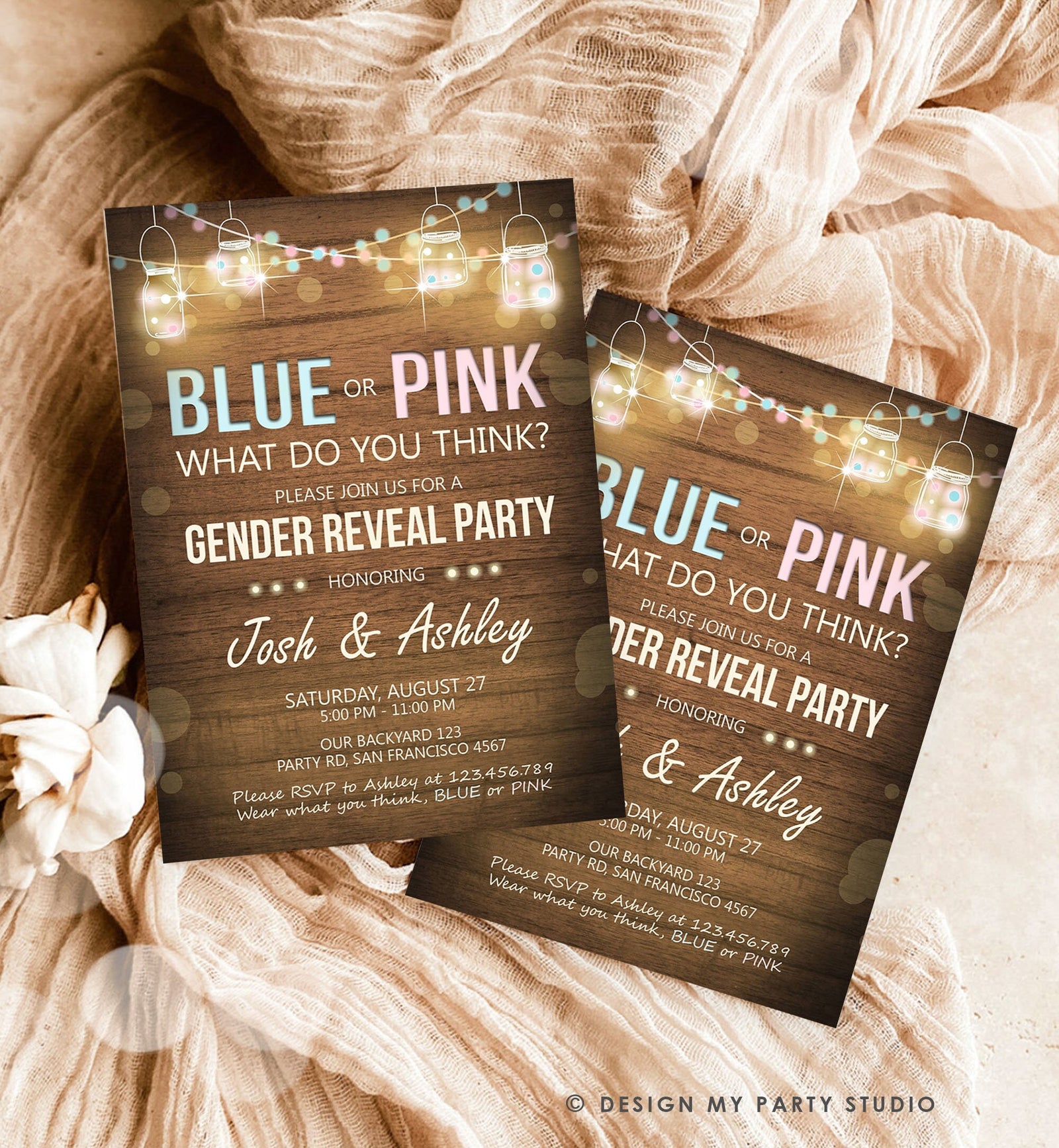 Editable Gender Reveal Invitation Baby Shower Boy or Girl Pink or Blue He She Wood Rustic Template Instant Download Digital Corjl 0015