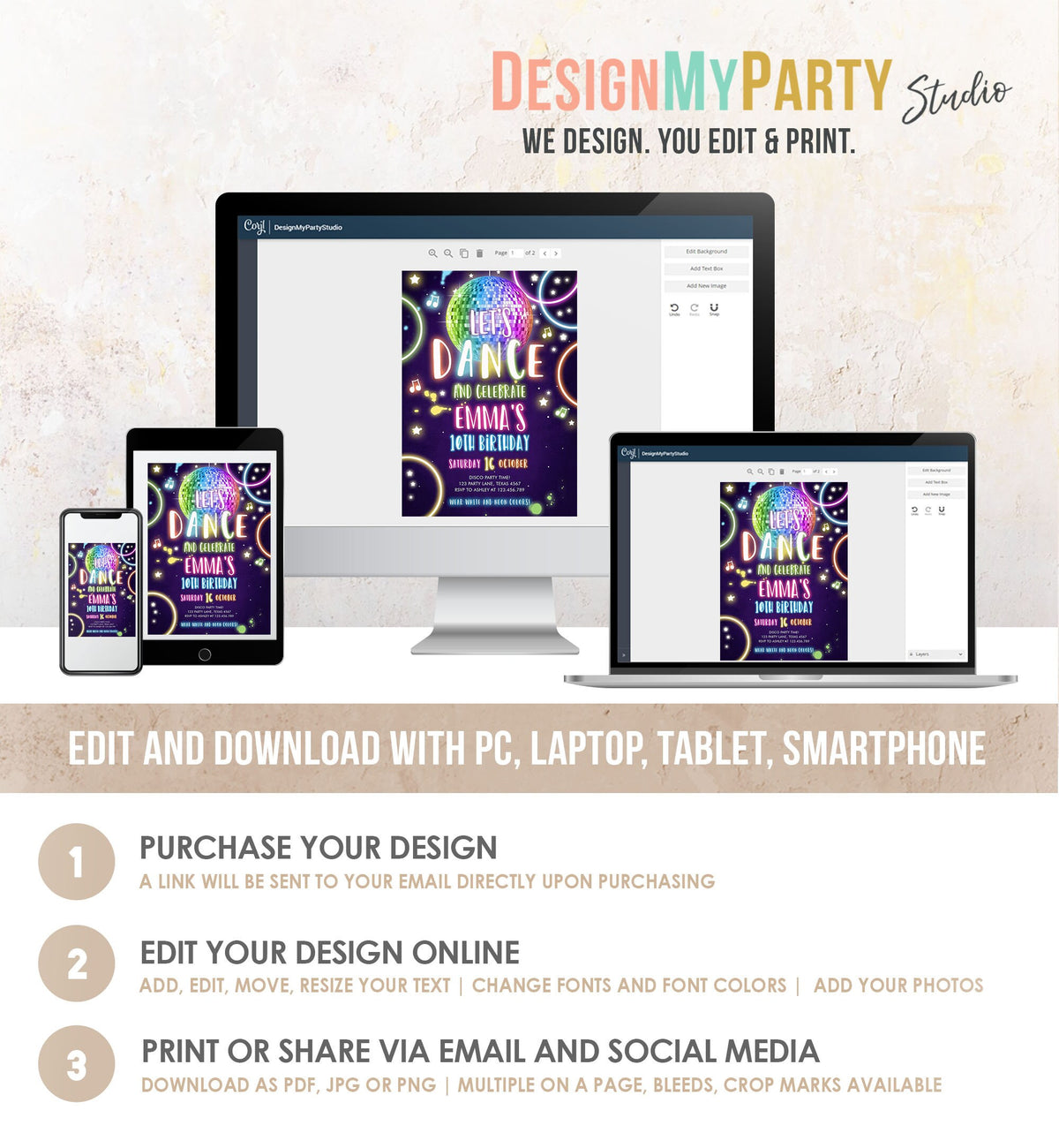 Editable Dance Party Birthday Invitation Disco Music Let&#39;s Dance Neon Glow In The Dark Party Girl Teen Pink Template Corjl Printable 0172