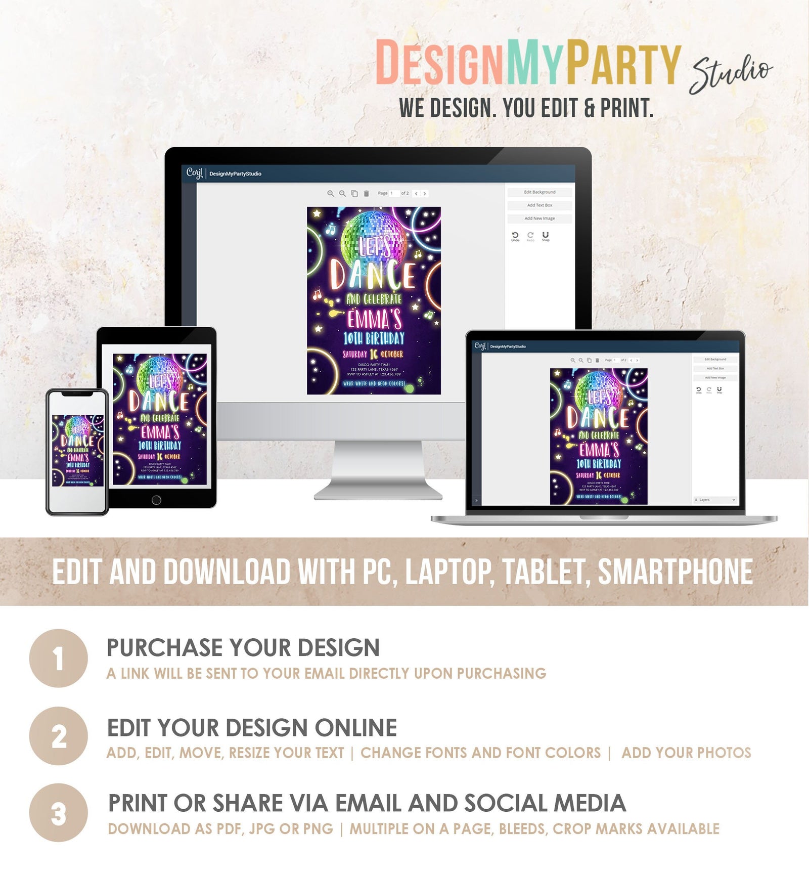 Editable Dance Party Birthday Invitation Disco Music Let's Dance Neon Glow In The Dark Party Girl Teen Pink Template Corjl Printable 0172