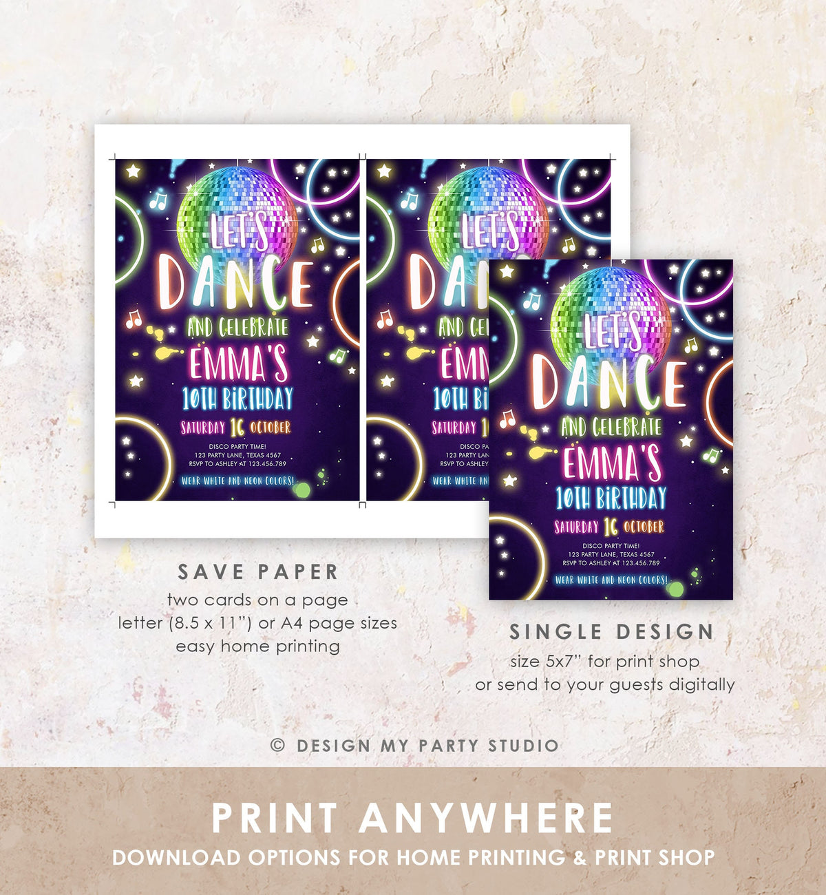 Editable Dance Party Birthday Invitation Disco Music Let&#39;s Dance Neon Glow In The Dark Party Girl Teen Pink Template Corjl Printable 0172