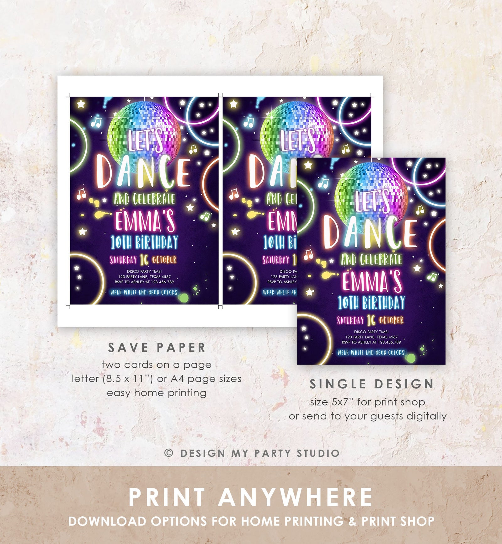 Editable Dance Party Birthday Invitation Disco Music Let's Dance Neon Glow In The Dark Party Girl Teen Pink Template Corjl Printable 0172