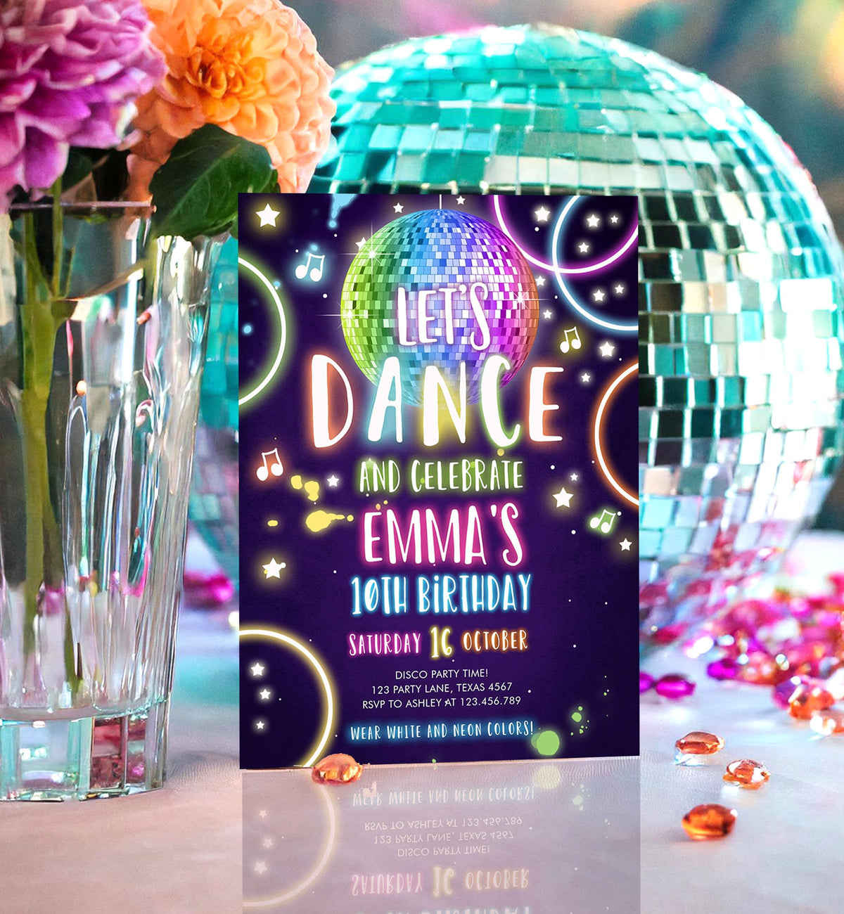 Editable Dance Party Birthday Invitation Disco Music Let&#39;s Dance Neon Glow In The Dark Party Girl Teen Pink Template Corjl Printable 0172