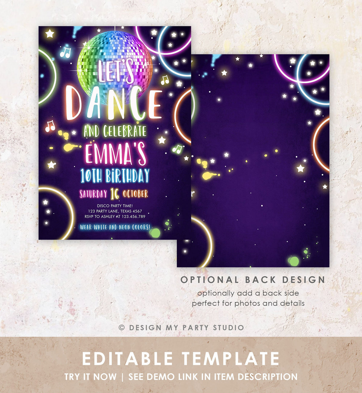Editable Dance Party Birthday Invitation Disco Music Let&#39;s Dance Neon Glow In The Dark Party Girl Teen Pink Template Corjl Printable 0172
