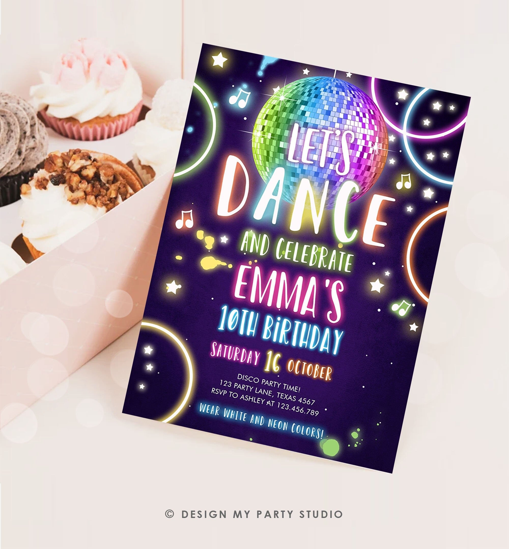 Editable Dance Party Birthday Invitation Disco Music Let's Dance Neon Glow In The Dark Party Girl Teen Pink Template Corjl Printable 0172