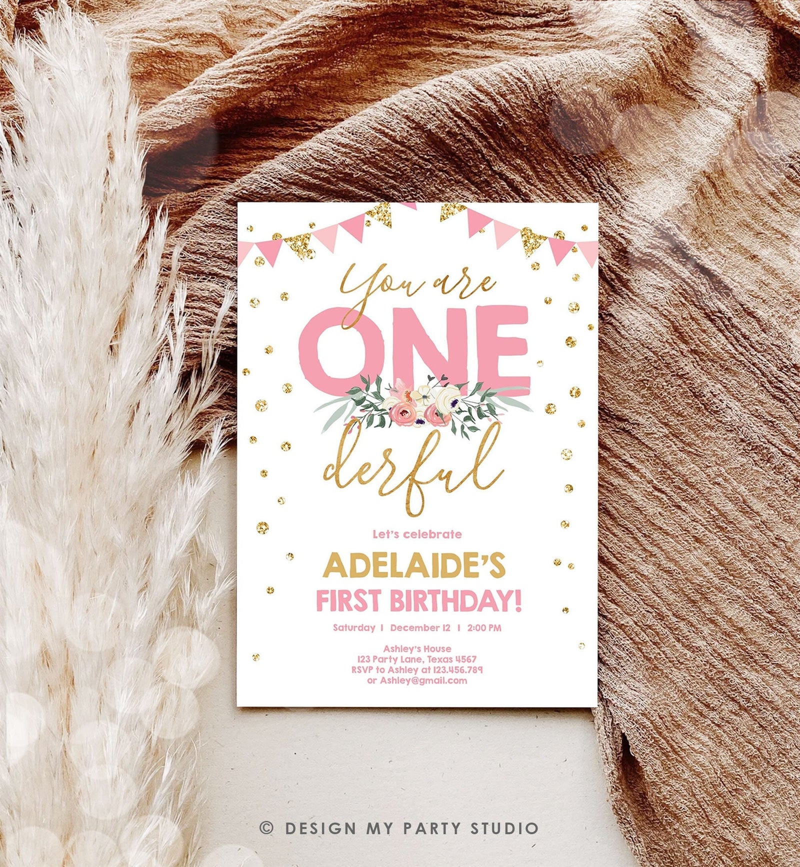 Editable Onederful Birthday Invitation Girls First Birthday Party They Are Onederful Pink Gold 1st Digital Download Template Printable 0165