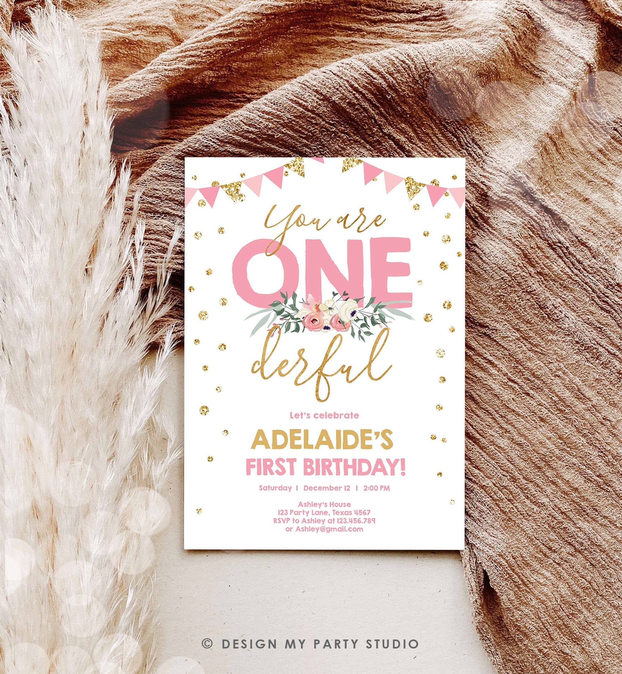 Editable Onederful Birthday Invitation Girls First Birthday Party They Are Onederful Pink Gold 1st Digital Download Template Printable 0165
