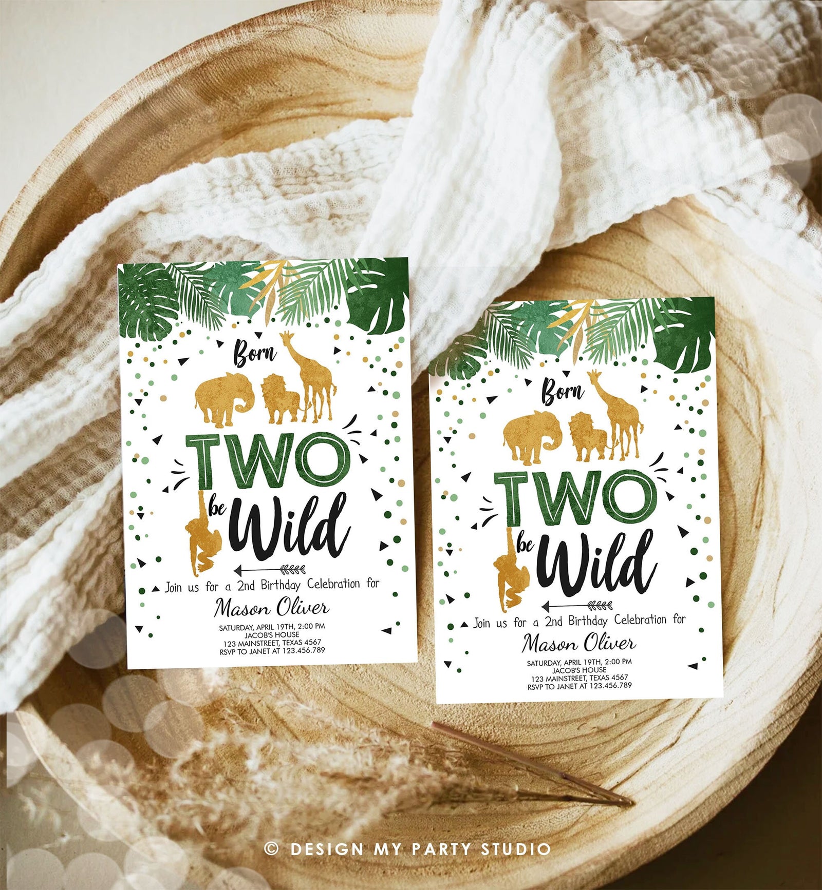 Editable Born Two Be Wild Birthday Invitation Boy Safari Animals Party Green Gold 2nd Birthday Digital Download Template Printable 0016