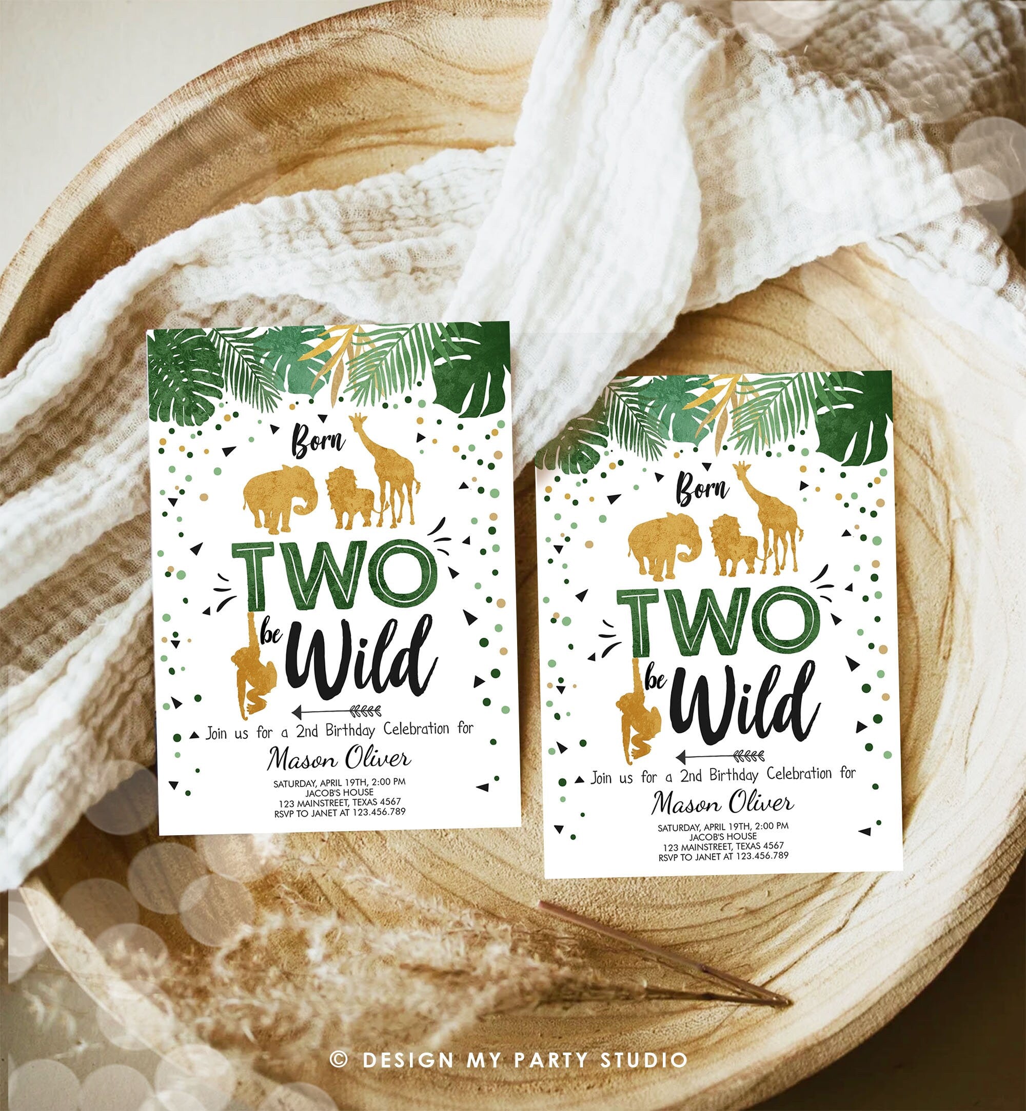 Editable Born Two Be Wild Birthday Invitation Boy Safari Animals Party Green Gold 2nd Birthday Digital Download Template Printable 0016