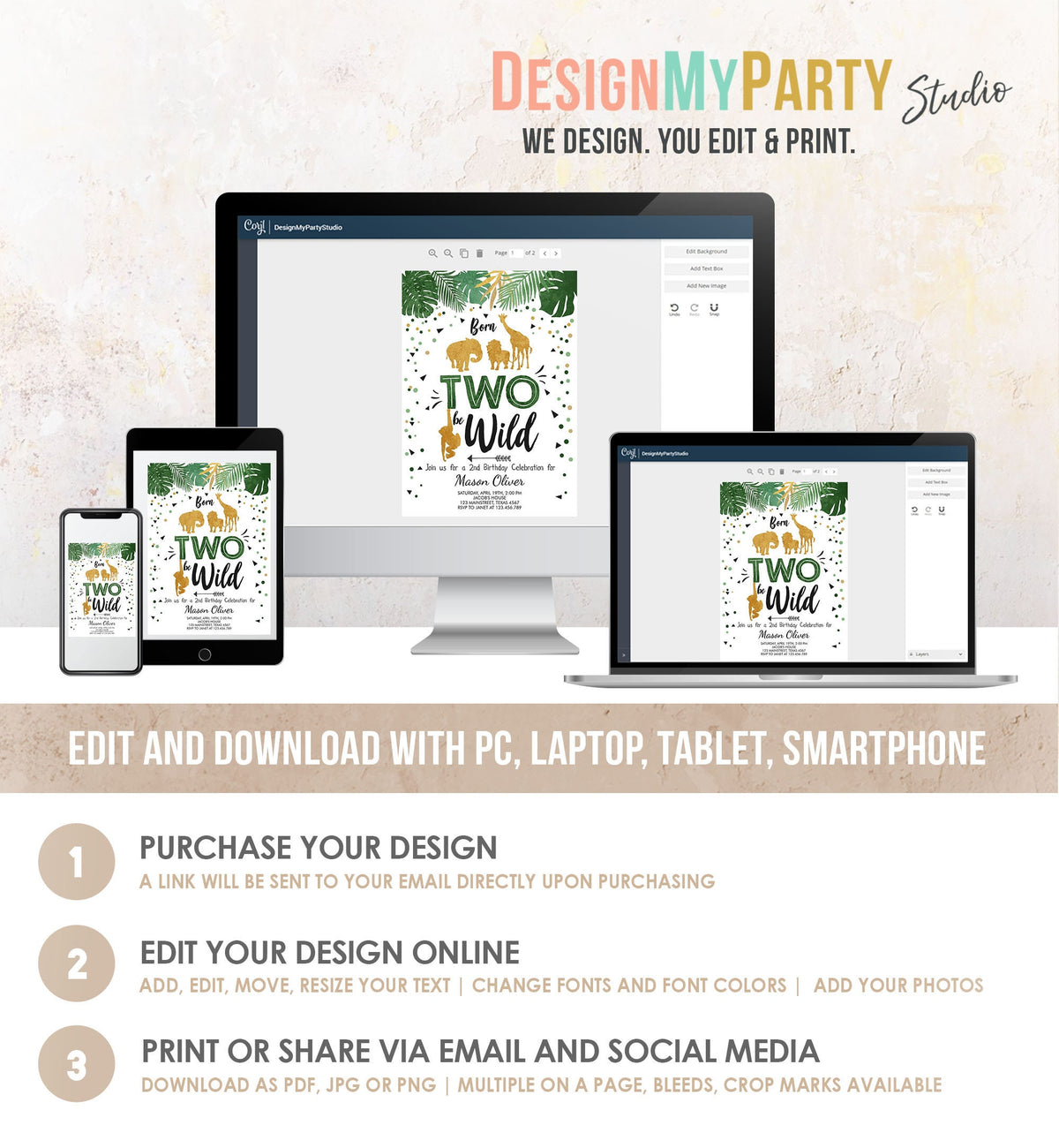 Editable Born Two Be Wild Birthday Invitation Boy Safari Animals Party Green Gold 2nd Birthday Digital Download Template Printable 0016