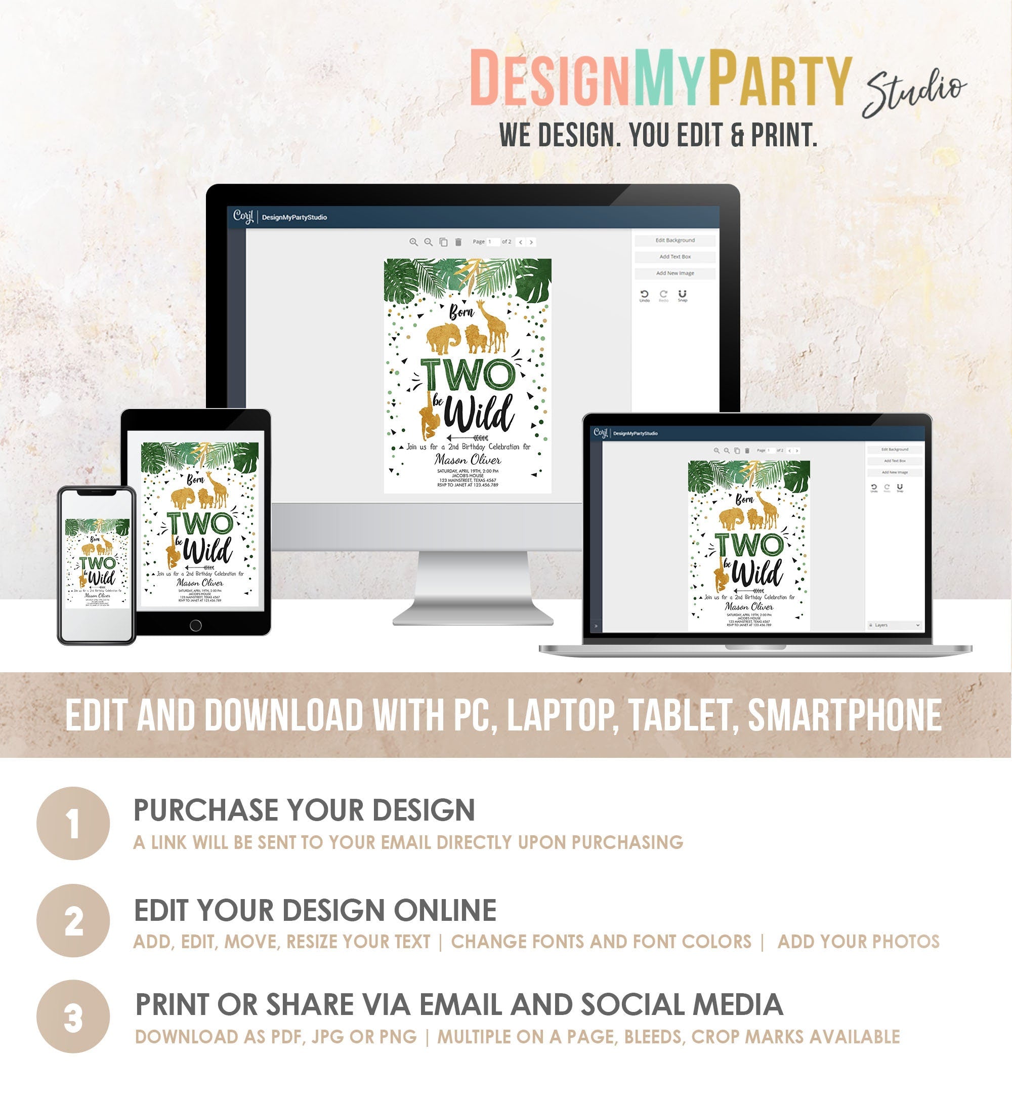 Editable Born Two Be Wild Birthday Invitation Boy Safari Animals Party Green Gold 2nd Birthday Digital Download Template Printable 0016