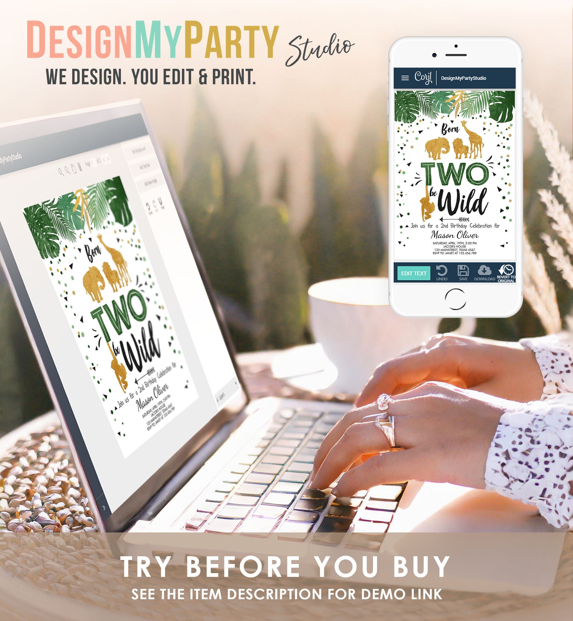 Editable Born Two Be Wild Birthday Invitation Boy Safari Animals Party Green Gold 2nd Birthday Digital Download Template Printable 0016