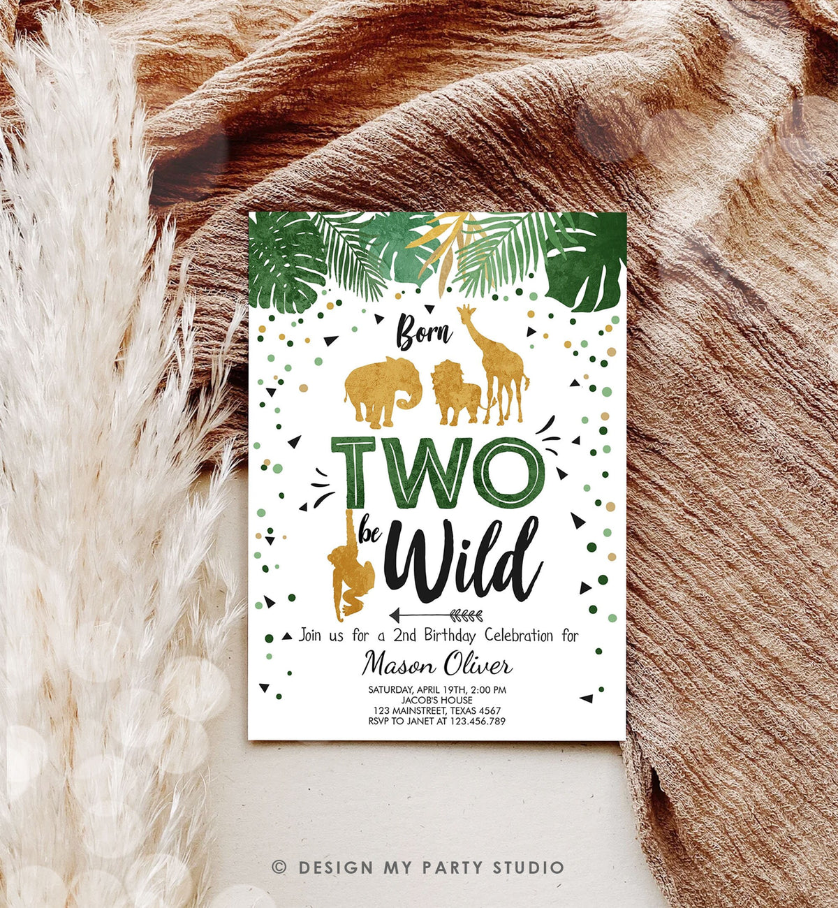 Editable Born Two Be Wild Birthday Invitation Boy Safari Animals Party Green Gold 2nd Birthday Digital Download Template Printable 0016