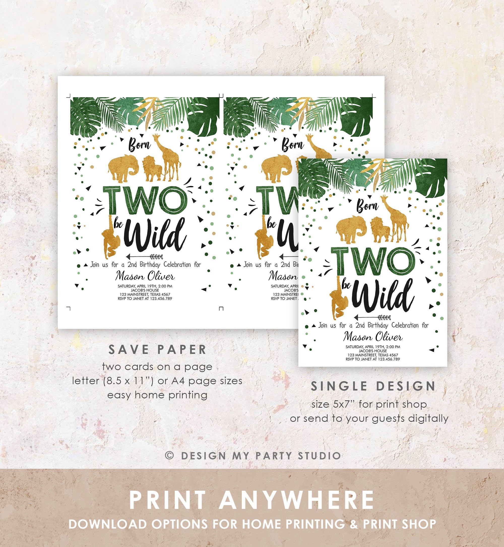 Editable Born Two Be Wild Birthday Invitation Boy Safari Animals Party Green Gold 2nd Birthday Digital Download Template Printable 0016