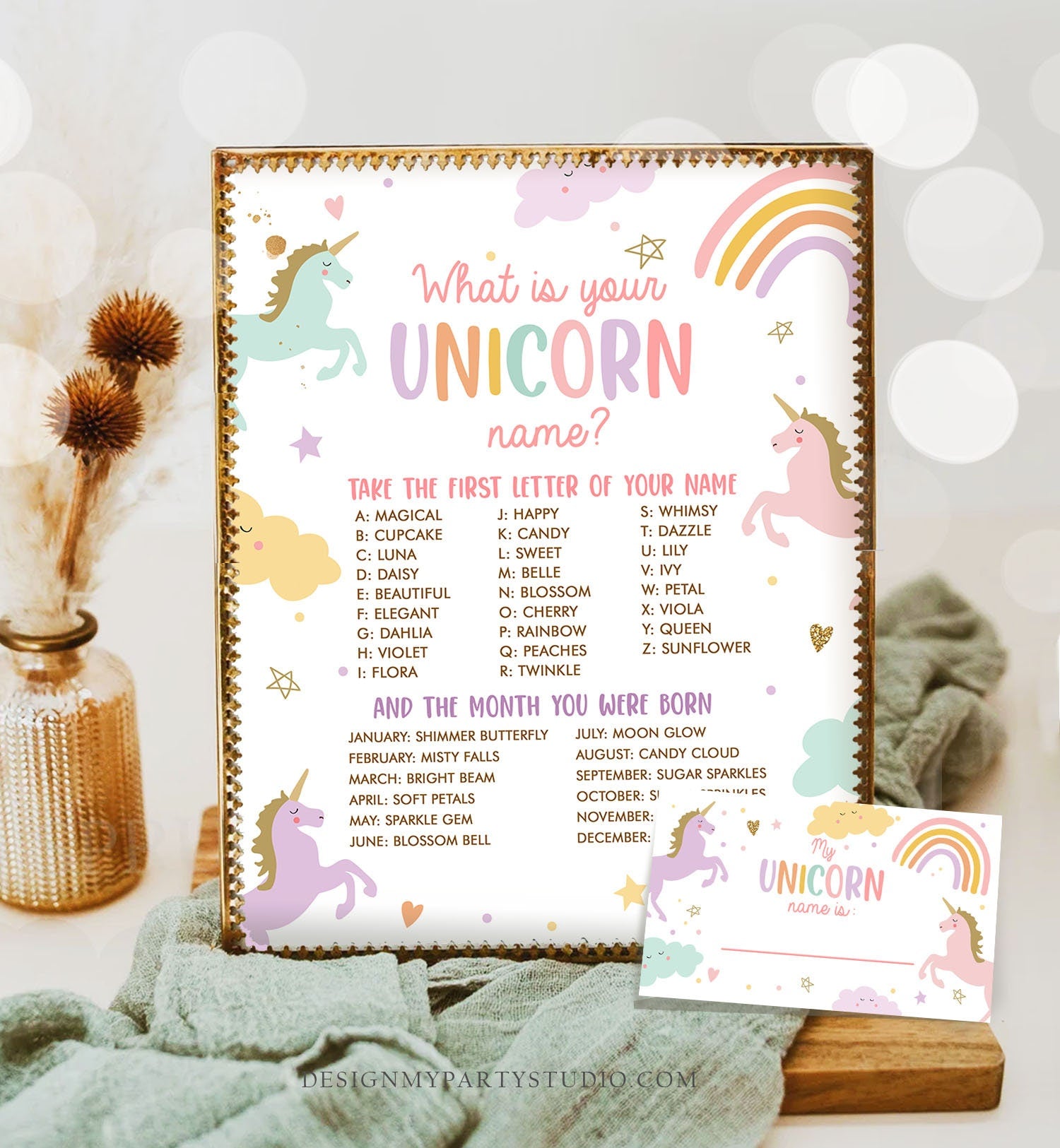 What Is Your Unicorn Name Game Unicorn Birthday Game Party Activity Magical Unicorn Rainbow Pastel Girl Digital Download Printable 0426
