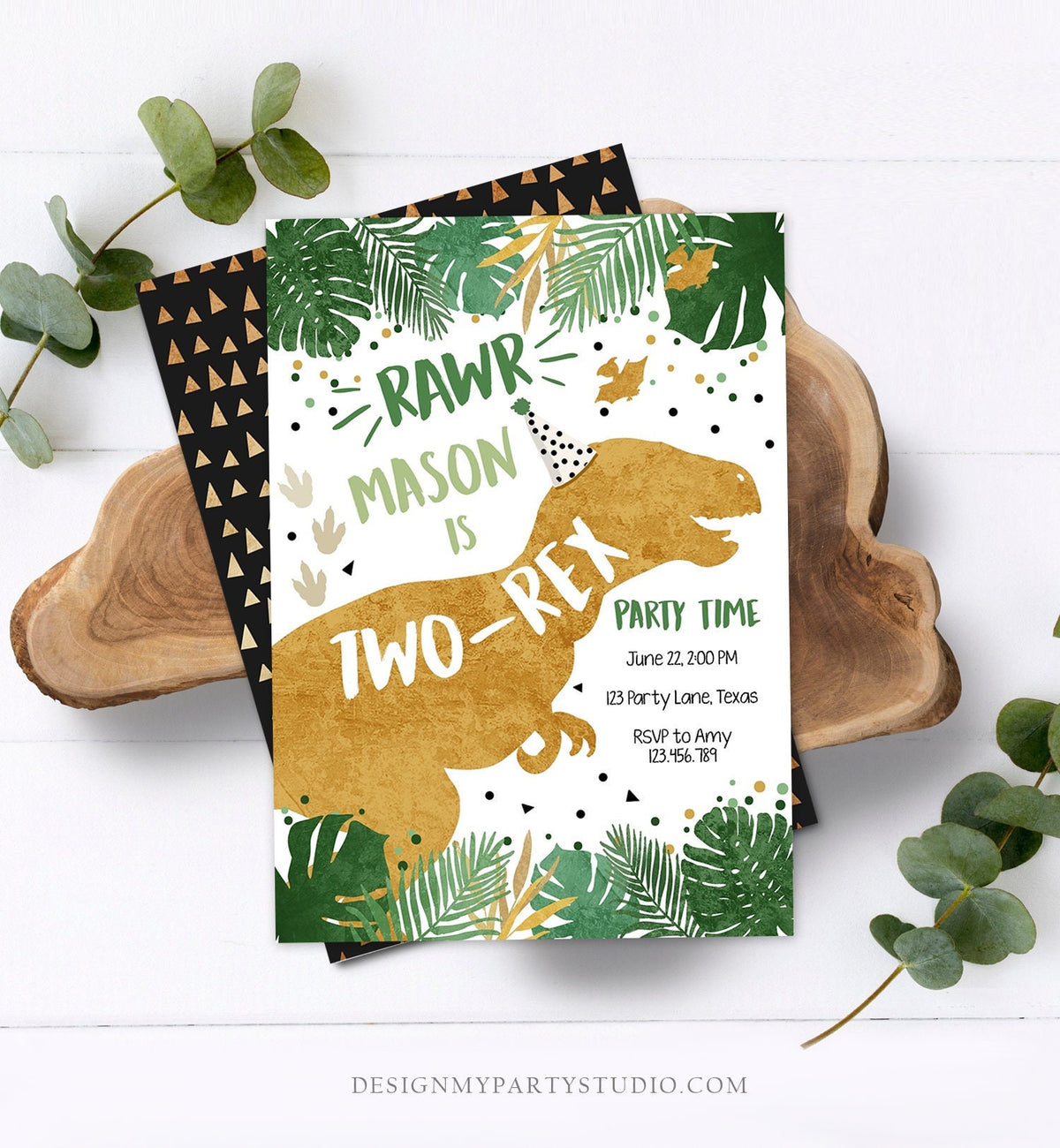 Editable Two-Rex Dinosaur Birthday Invitation Dino T-Rex Boy Second Birthday 2nd RAWR ROAR Prehistoric Digital Template Printable 0146