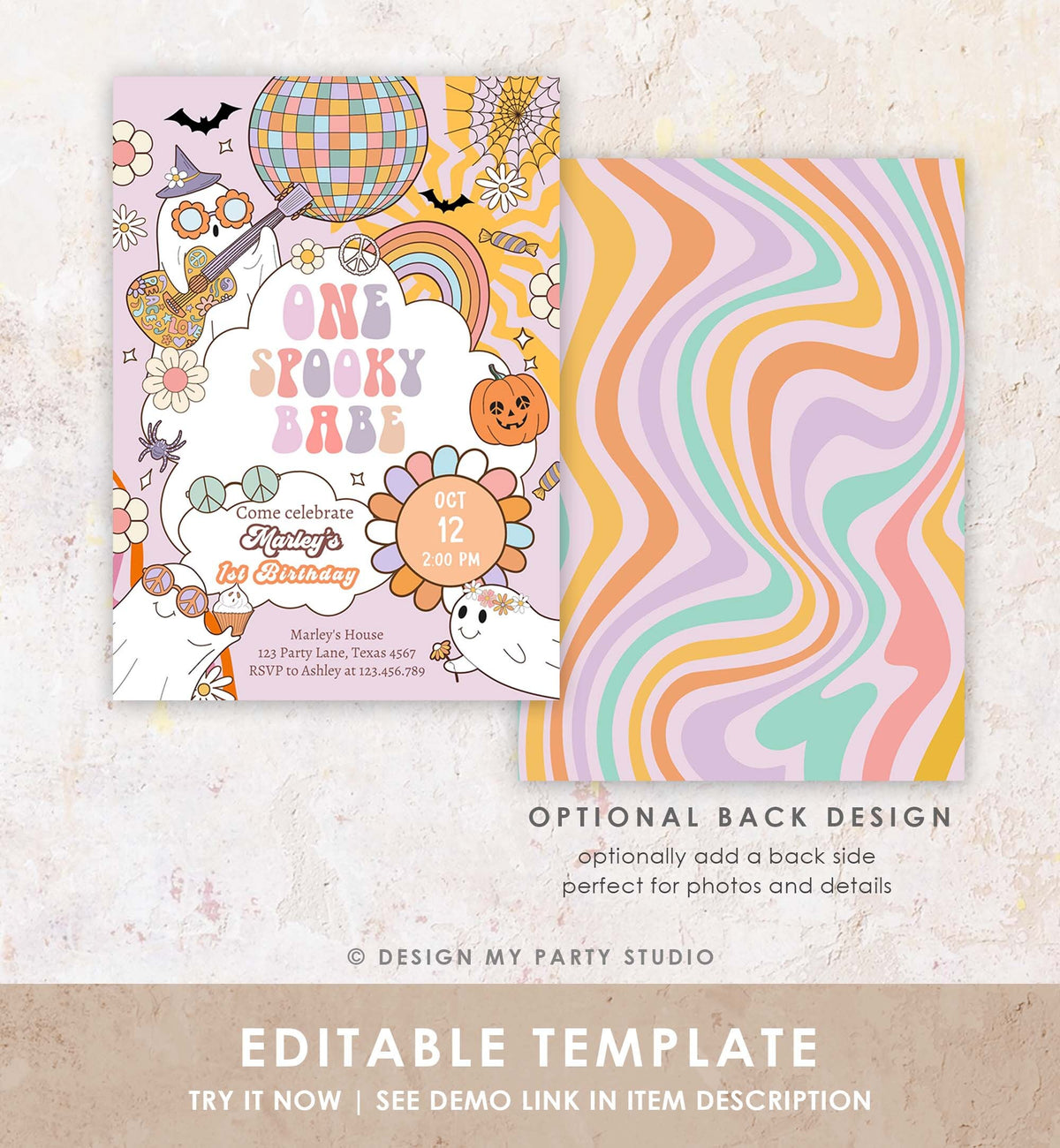 Editable Groovy Halloween 1st Birthday Invitation One Spooky Babe Pink Ghost Party Girl Spooktacular Download Printable Template Corjl 0471