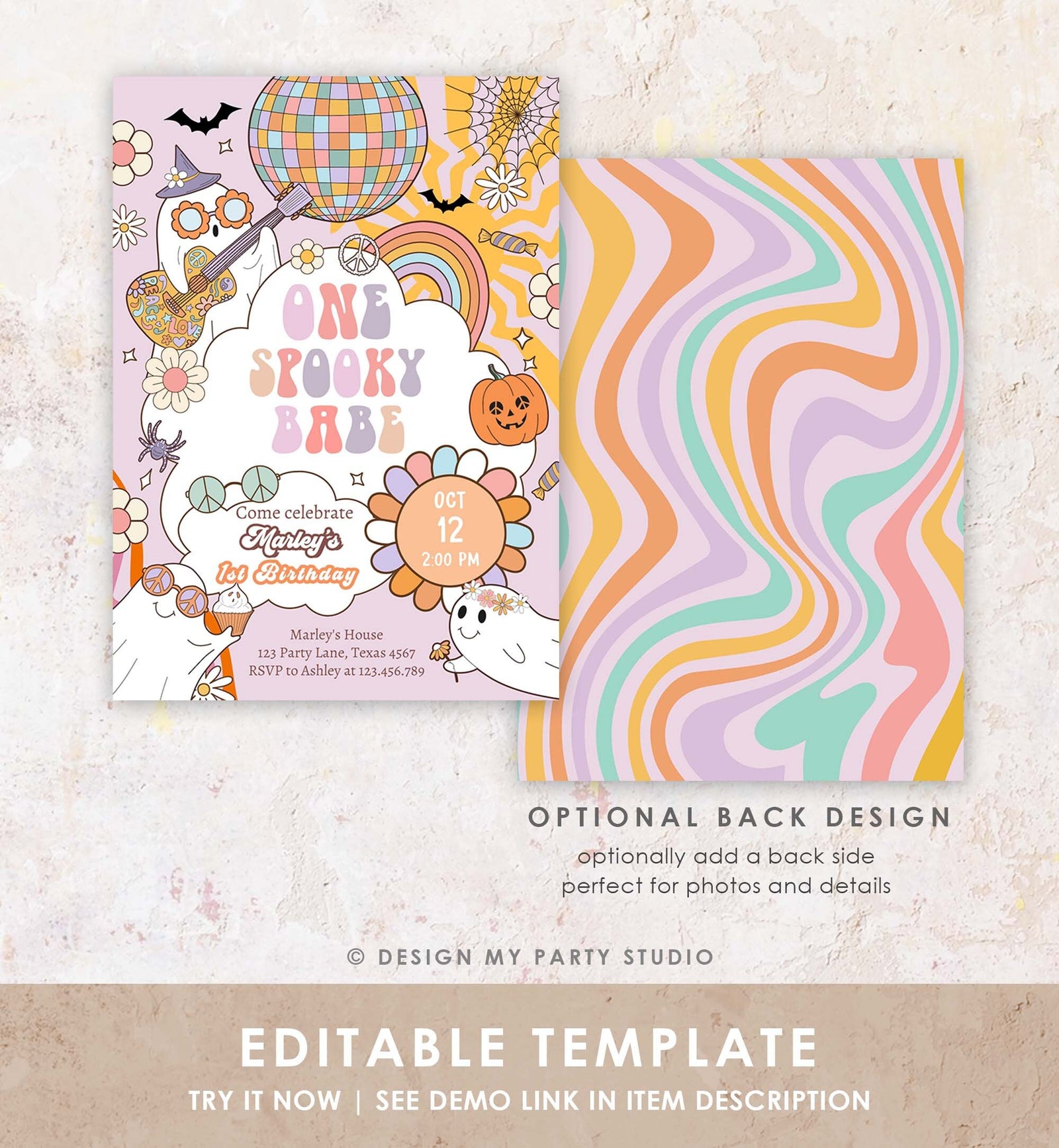 Editable Groovy Halloween 1st Birthday Invitation One Spooky Babe Pink Ghost Party Girl Spooktacular Download Printable Template Corjl 0471