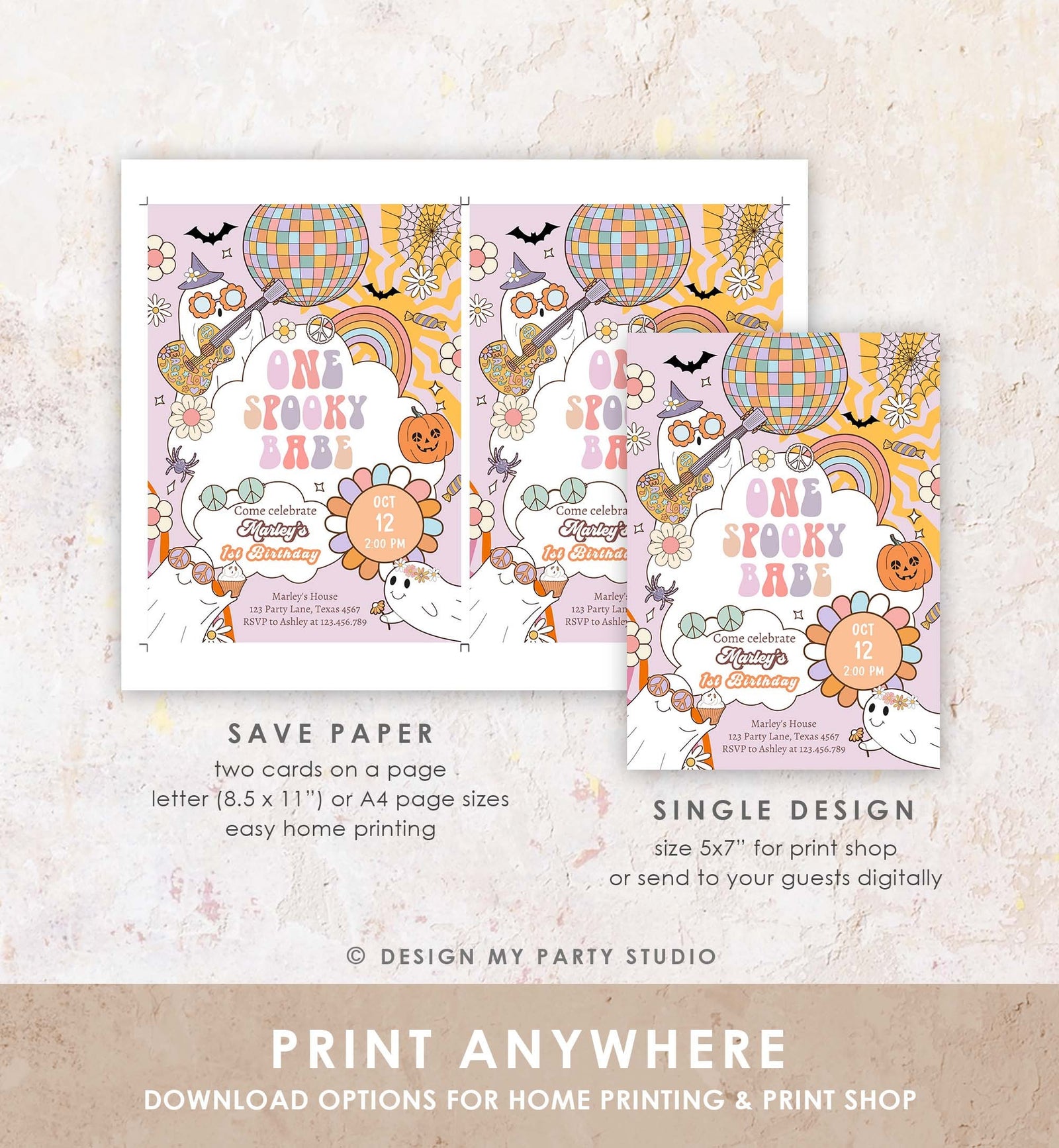 Editable Groovy Halloween 1st Birthday Invitation One Spooky Babe Pink Ghost Party Girl Spooktacular Download Printable Template Corjl 0471