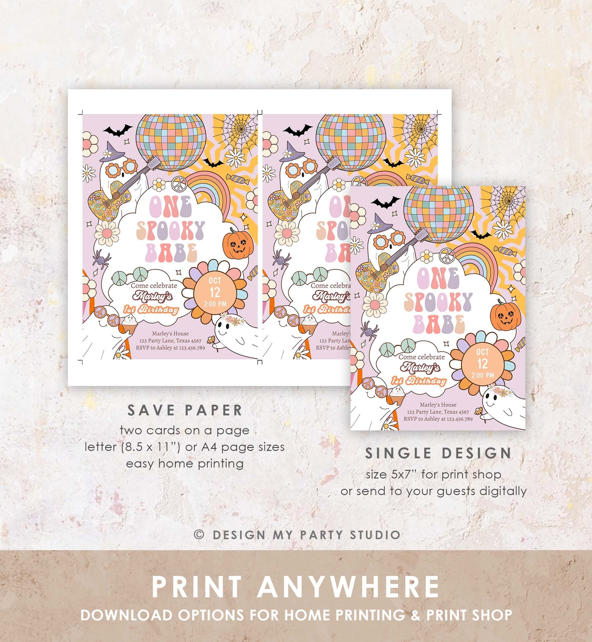 Editable Groovy Halloween 1st Birthday Invitation One Spooky Babe Pink Ghost Party Girl Spooktacular Download Printable Template Corjl 0471