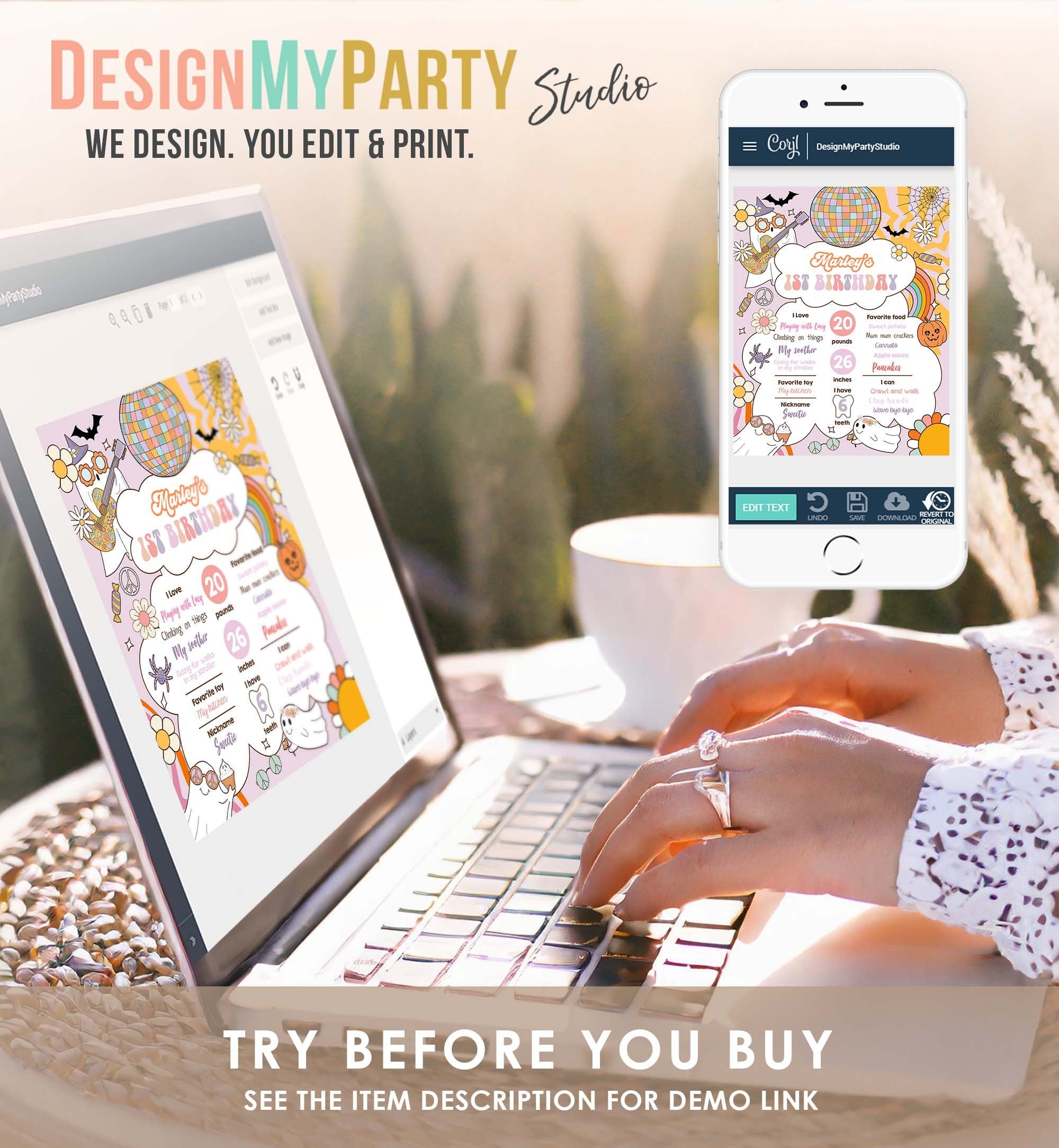 Editable Groovy Retro Halloween Birthday Milestones Sign Girl Rainbow Spooky Flower Power 70's Sun 1st Party Template Printable Digital 0471