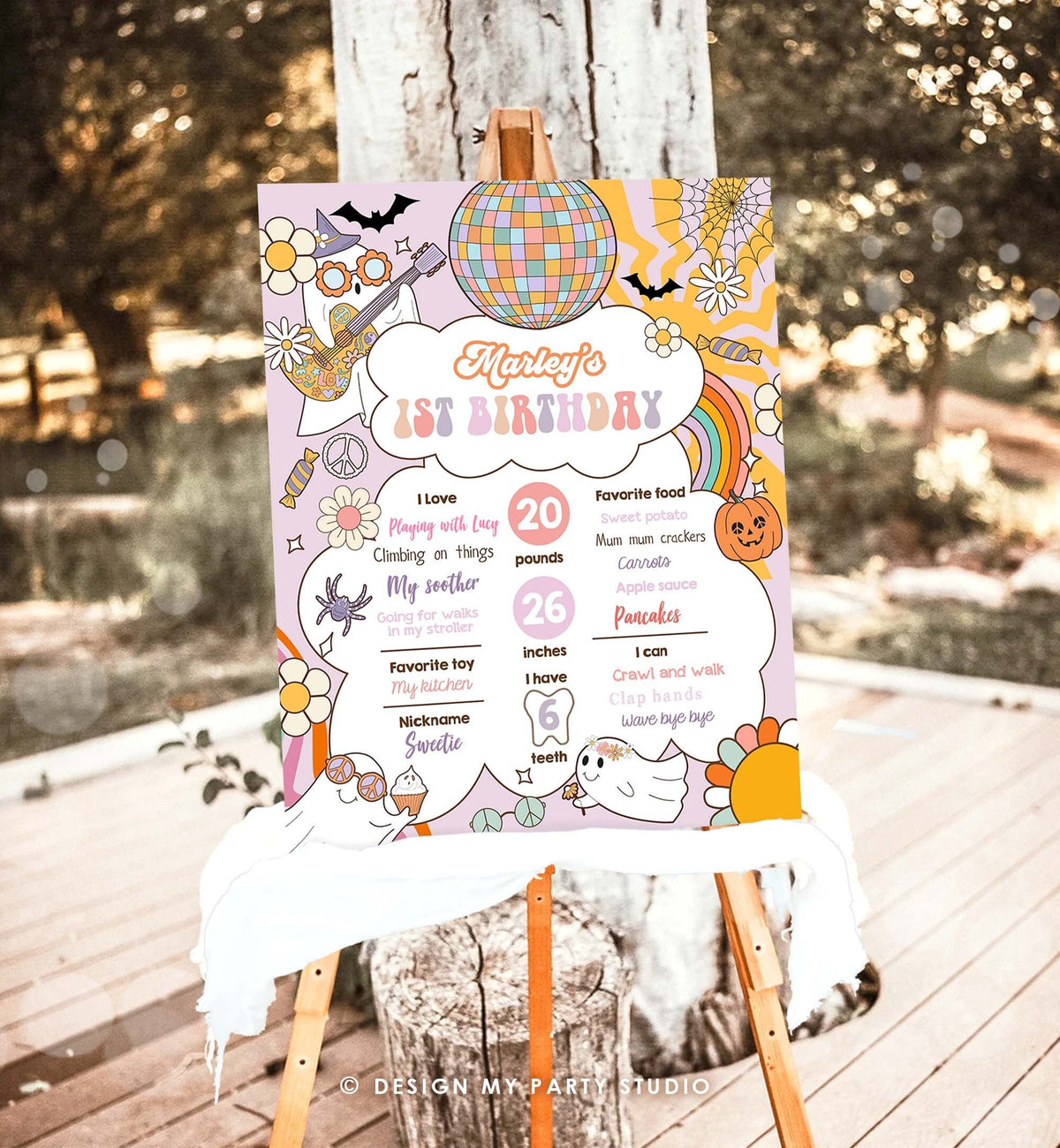 Editable Groovy Retro Halloween Birthday Milestones Sign Girl Rainbow Spooky Flower Power 70&#39;s Sun 1st Party Template Printable Digital 0471