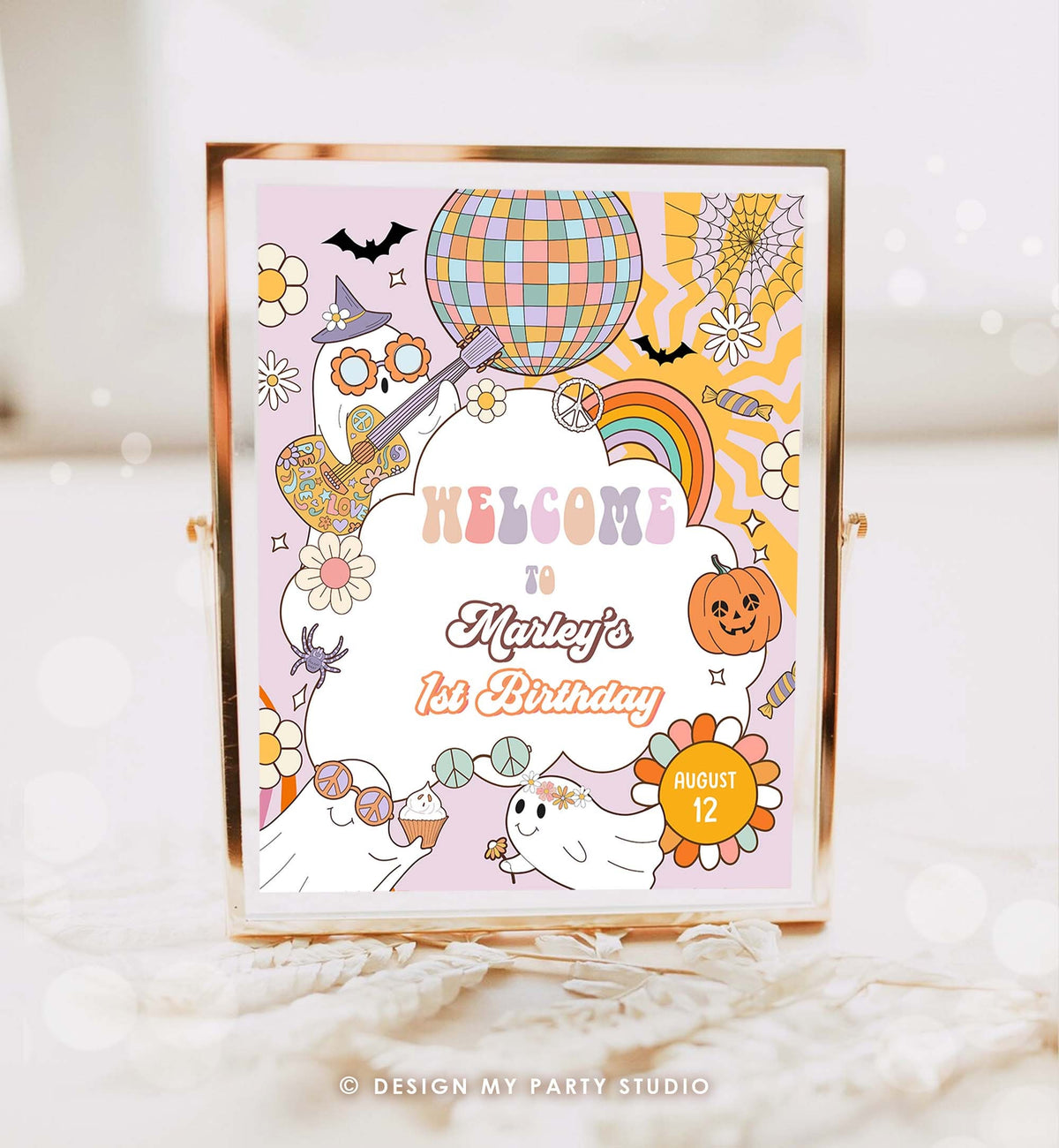 Editable Groovy Halloween Birthday Welcome Sign Floral Boho Spooky Party Retro 70&#39;s Hippie Festival Download Template Corjl PRINTABLE 0471