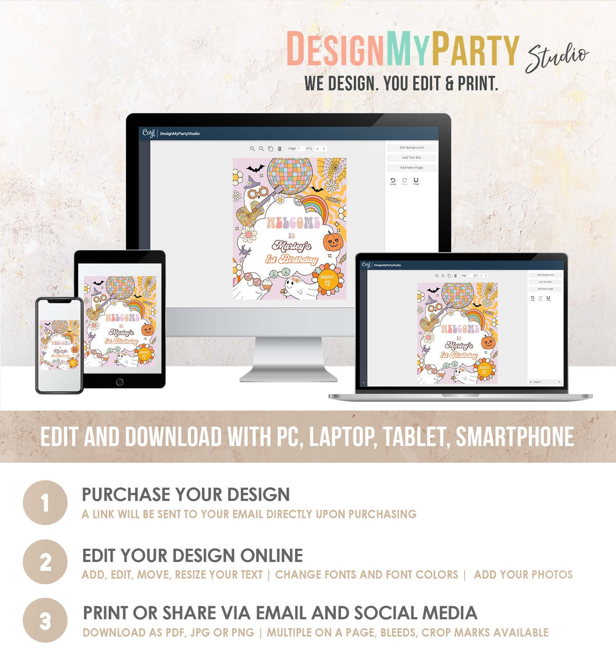 Editable Groovy Halloween Birthday Welcome Sign Floral Boho Spooky Party Retro 70&#39;s Hippie Festival Download Template Corjl PRINTABLE 0471