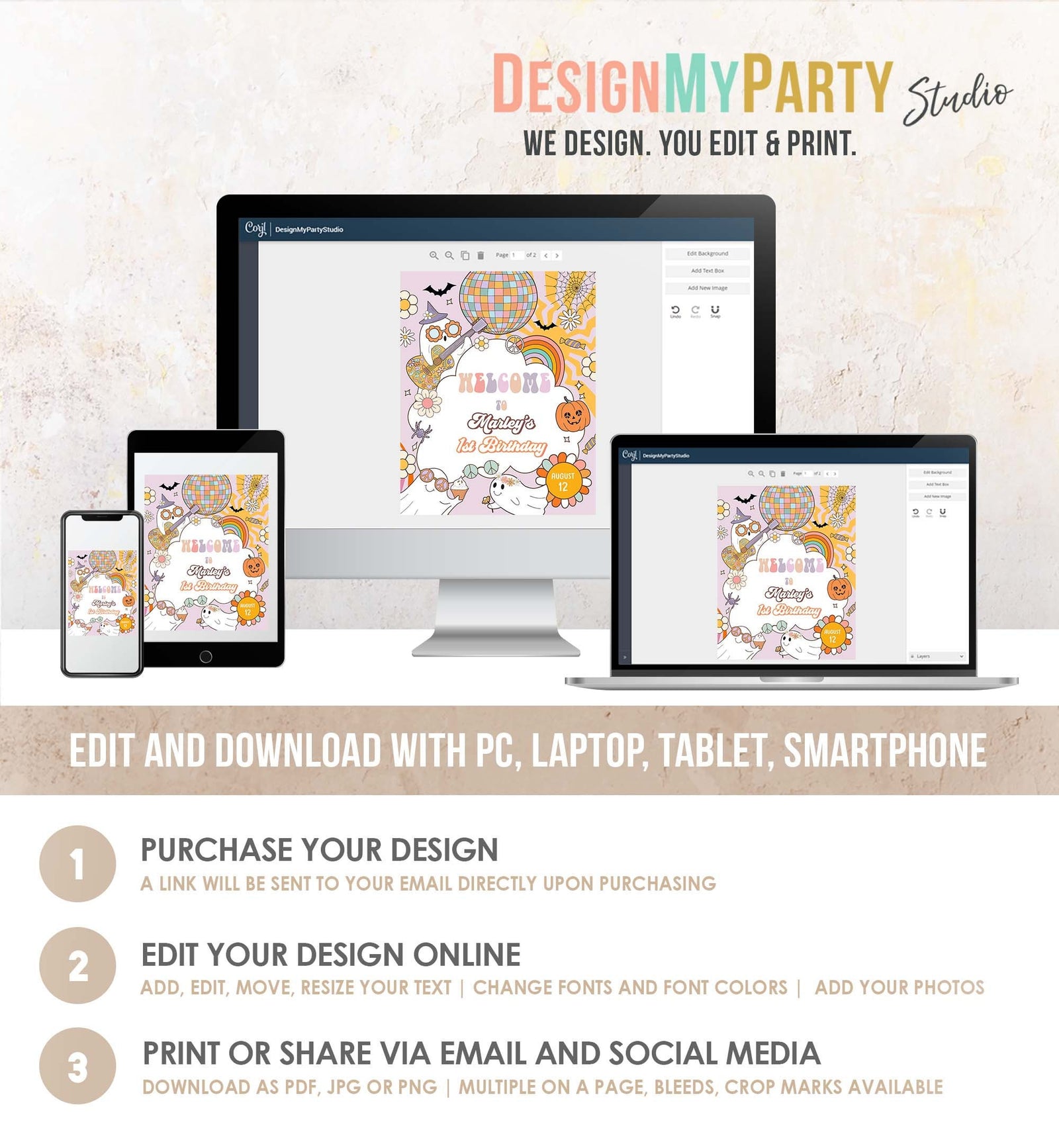 Editable Groovy Halloween Birthday Welcome Sign Floral Boho Spooky Party Retro 70's Hippie Festival Download Template Corjl PRINTABLE 0471