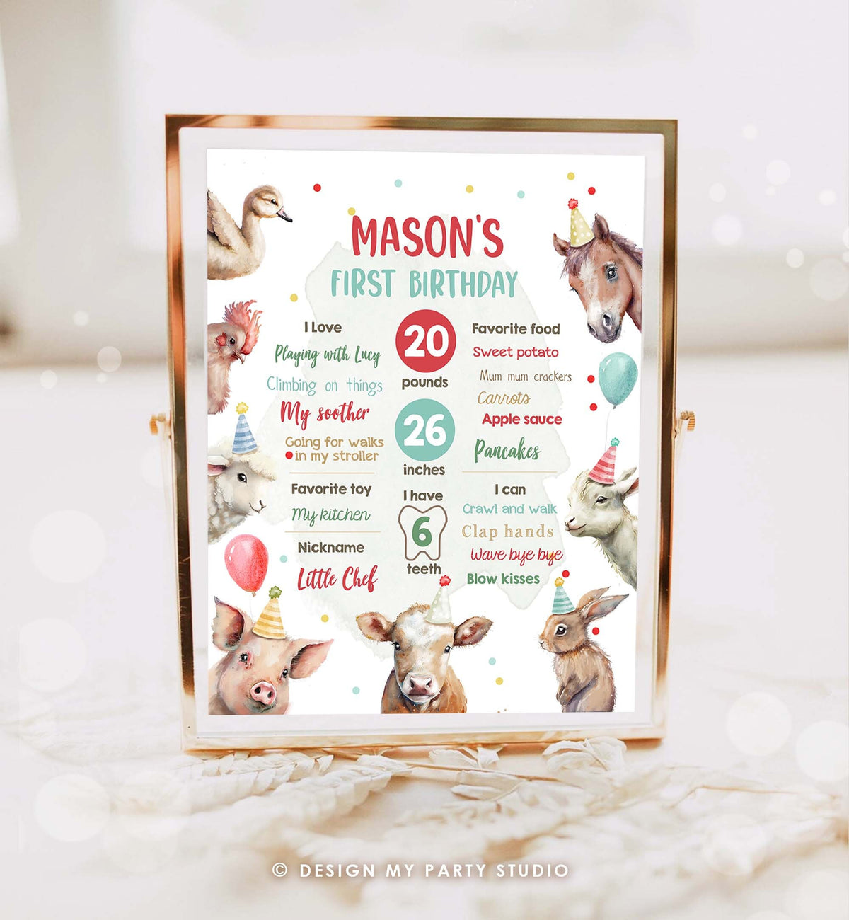 Editable Farm Animals Birthday Milestone Sign Boy Red Farm Birthday Barnyard Bash Poster Floral Digital Download Template Printable 0448