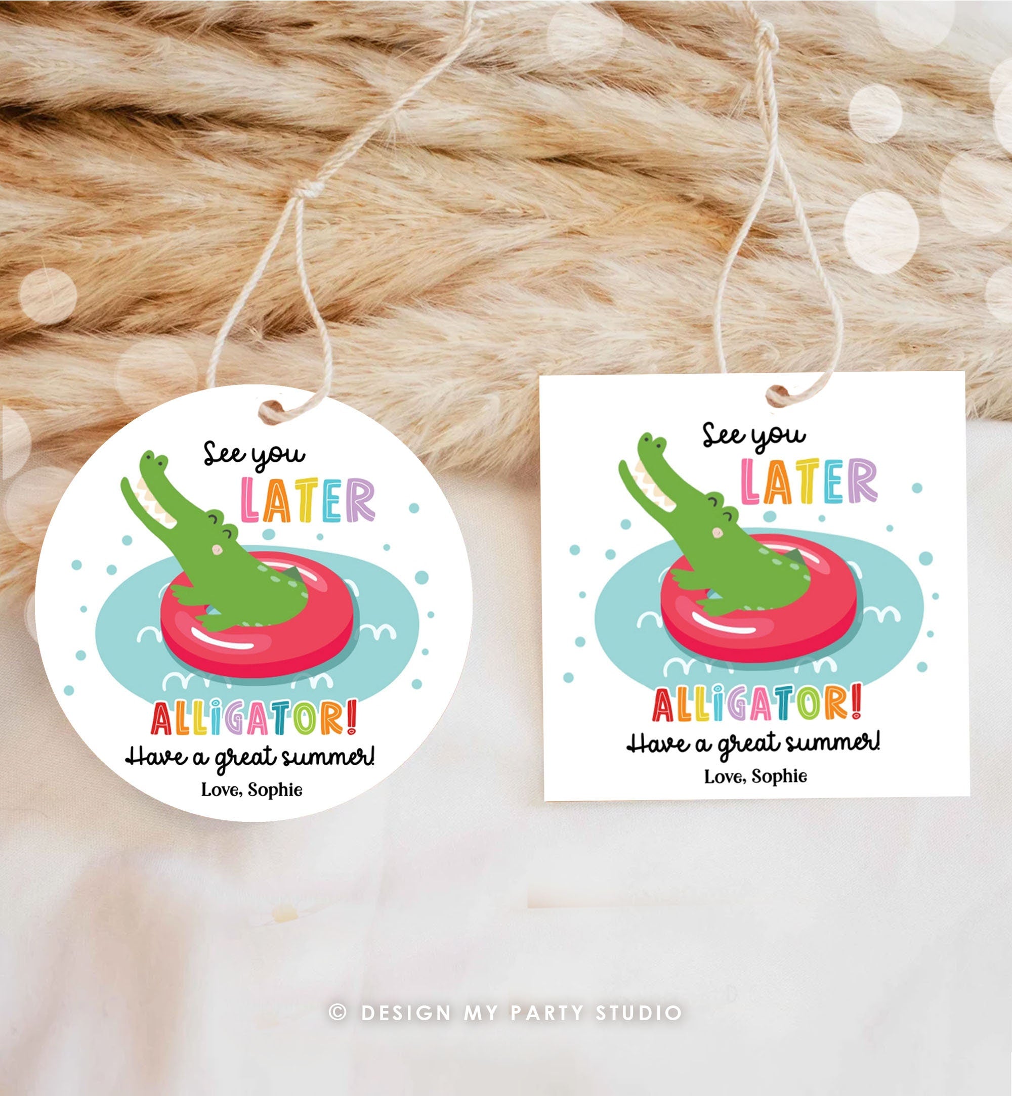 May include: A white card with a green alligator wearing a red inner tube and floating in blue water. The card has the text &#39;See you LATER ALLIGATOR! Have a great summer! Love, Sophie&#39; in colorful letters.