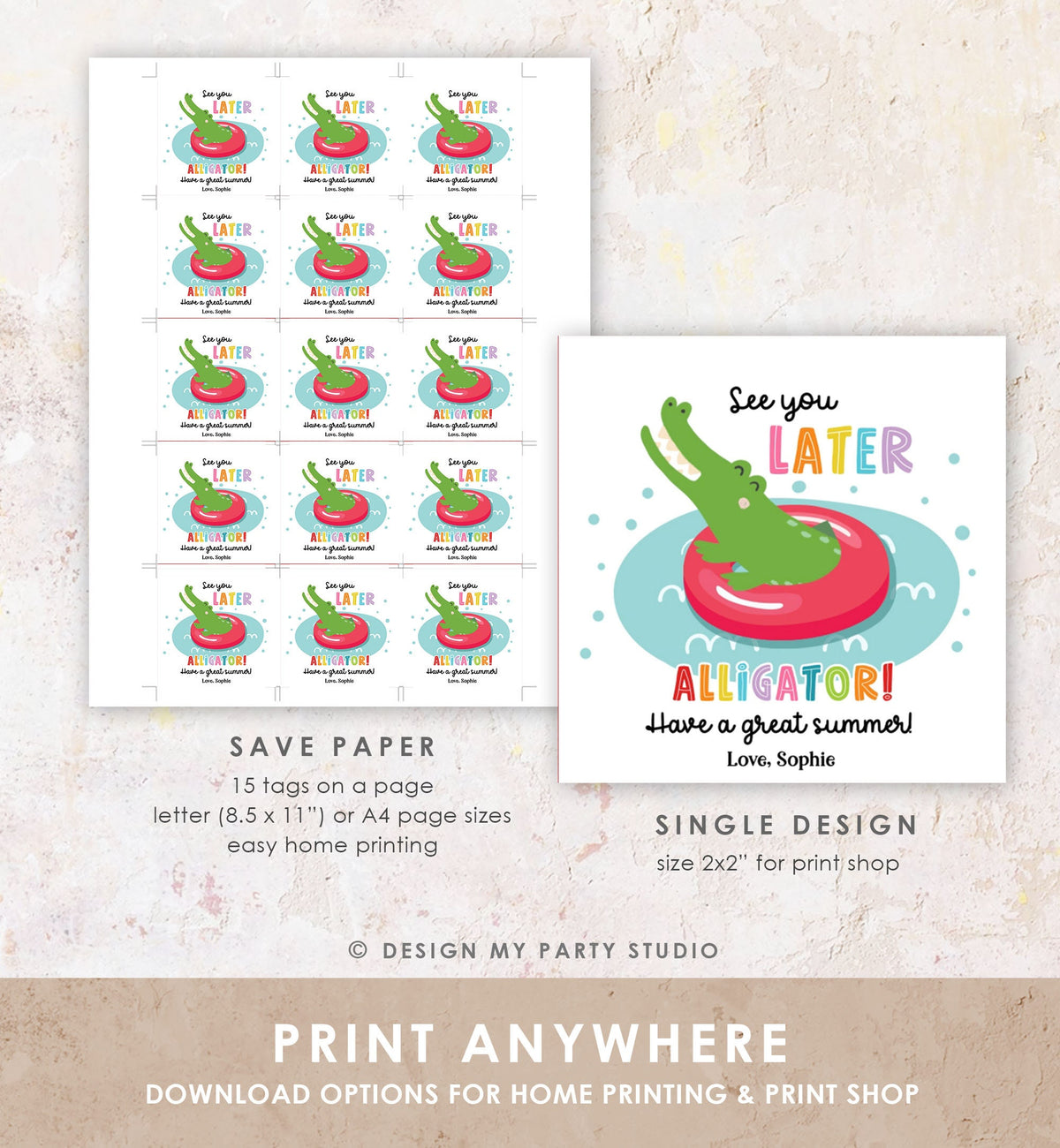 Editable Last Day of School Tag Alligator Summer End Of School Year Tag Summer Party Treat Digital Download Template Printable 0464