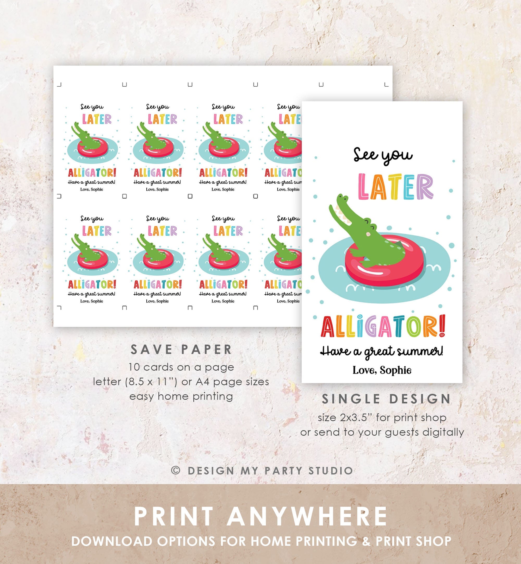 Editable Last Day of School Tag Alligator Summer End Of School Year Tag Summer Party Treat Digital Download Template Printable 0464