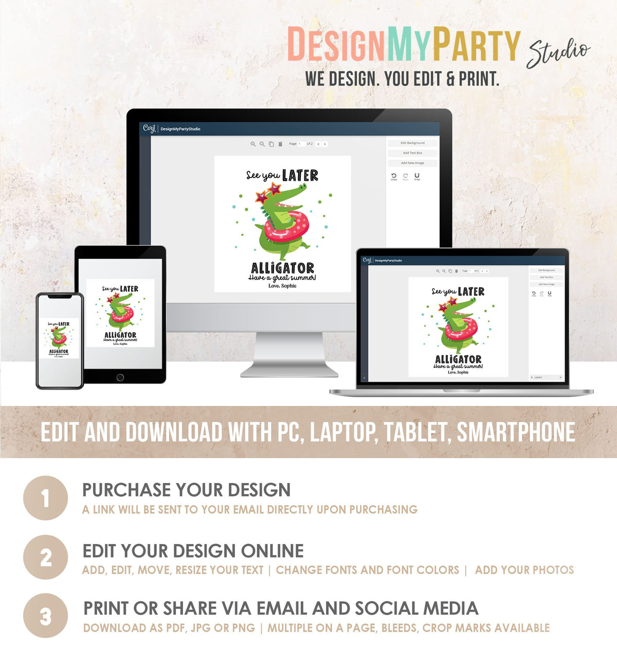 Editable Last Day of School Tag Alligator Summer End Of School Year Tag Summer Party Treat Sticker Digital Download Template Printable 0464