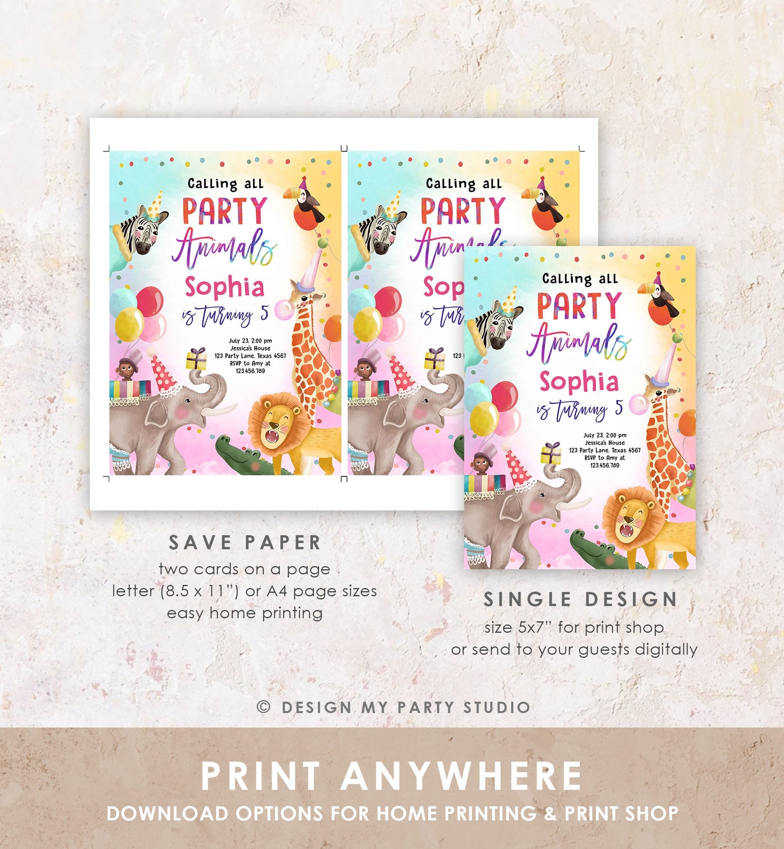 Editable Calling All Party Animals Birthday Invitation Wild One Jungle Zoo Safari Animals Boy Girl Digital Download Template Printable 0512