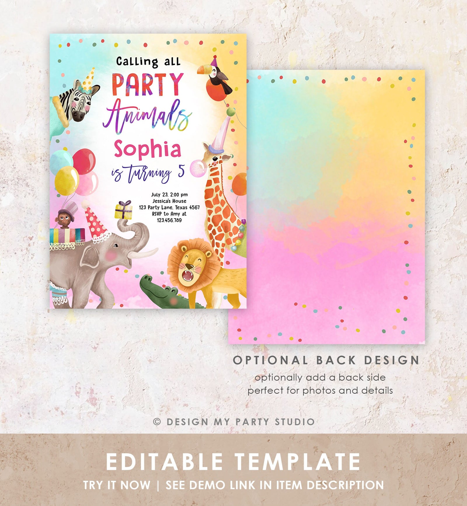 Editable Calling All Party Animals Birthday Invitation Wild One Jungle Zoo Safari Animals Boy Girl Digital Download Template Printable 0512