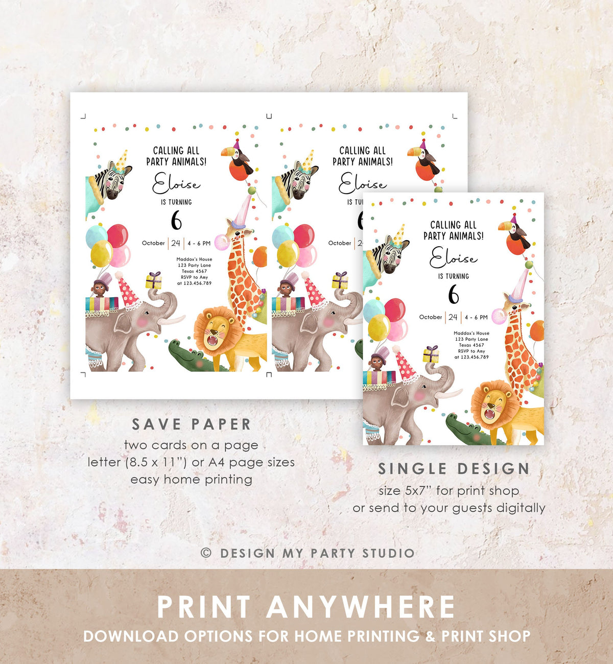 Editable Calling All Party Animals Birthday Invitation Wild One Jungle Zoo Safari Animals Boy Girl Digital Evite Template Printable 0482