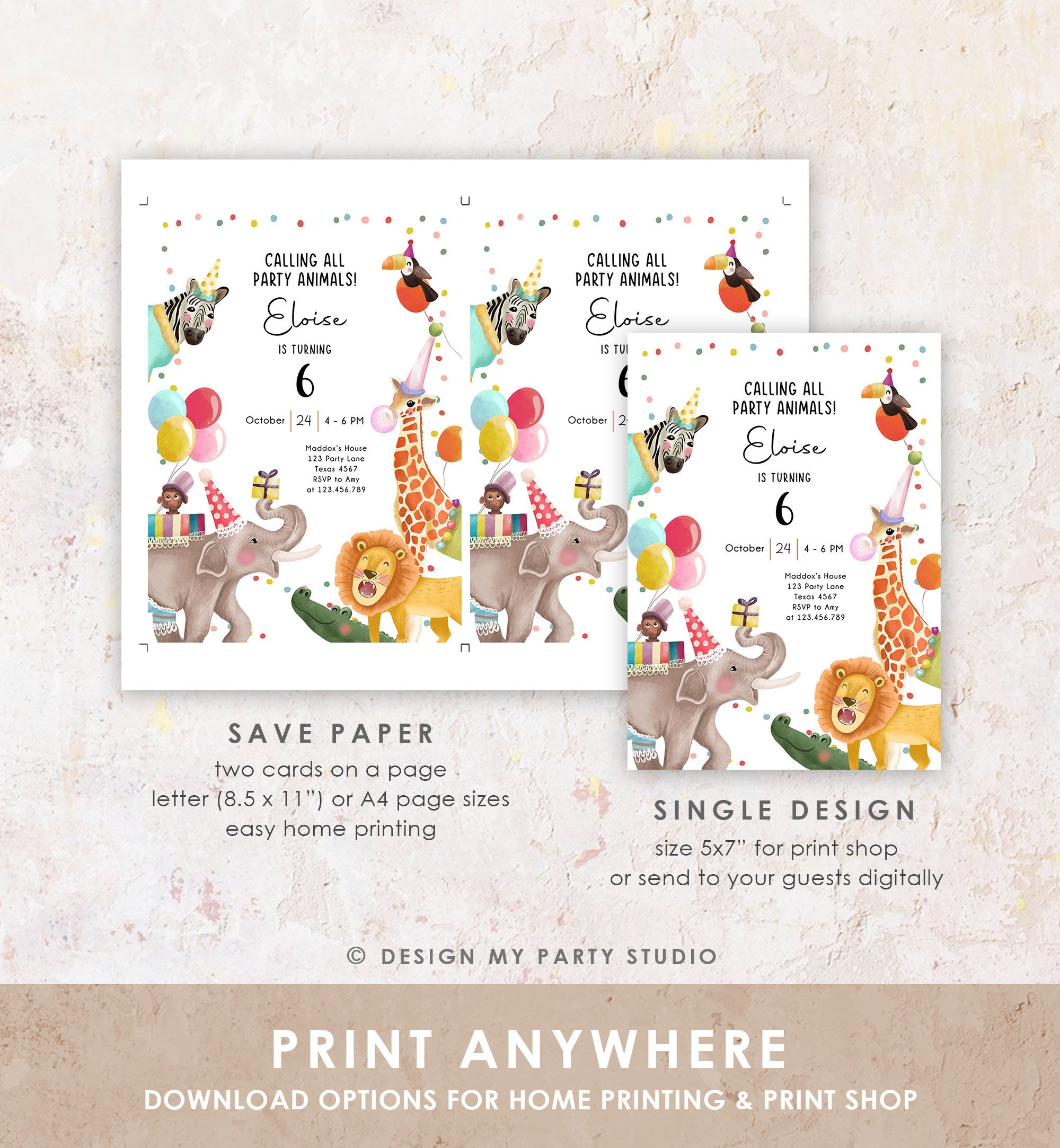 Editable Calling All Party Animals Birthday Invitation Wild One Jungle Zoo Safari Animals Boy Girl Digital Evite Template Printable 0482