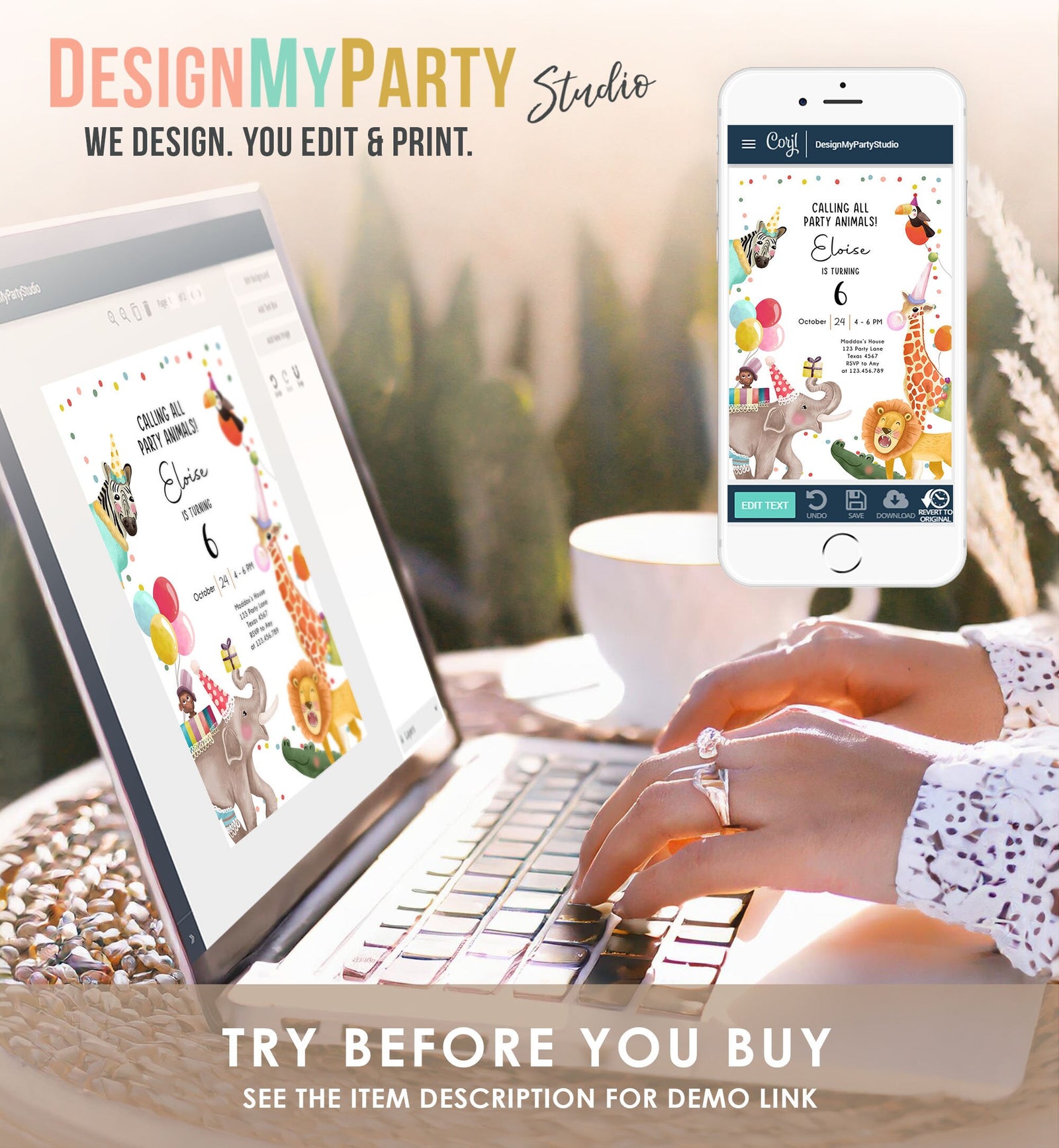 Editable Calling All Party Animals Birthday Invitation Wild One Jungle Zoo Safari Animals Boy Girl Digital Evite Template Printable 0482