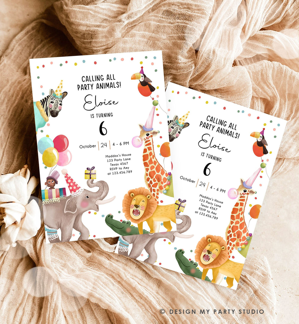 Editable Calling All Party Animals Birthday Invitation Wild One Jungle Zoo Safari Animals Boy Girl Digital Evite Template Printable 0482