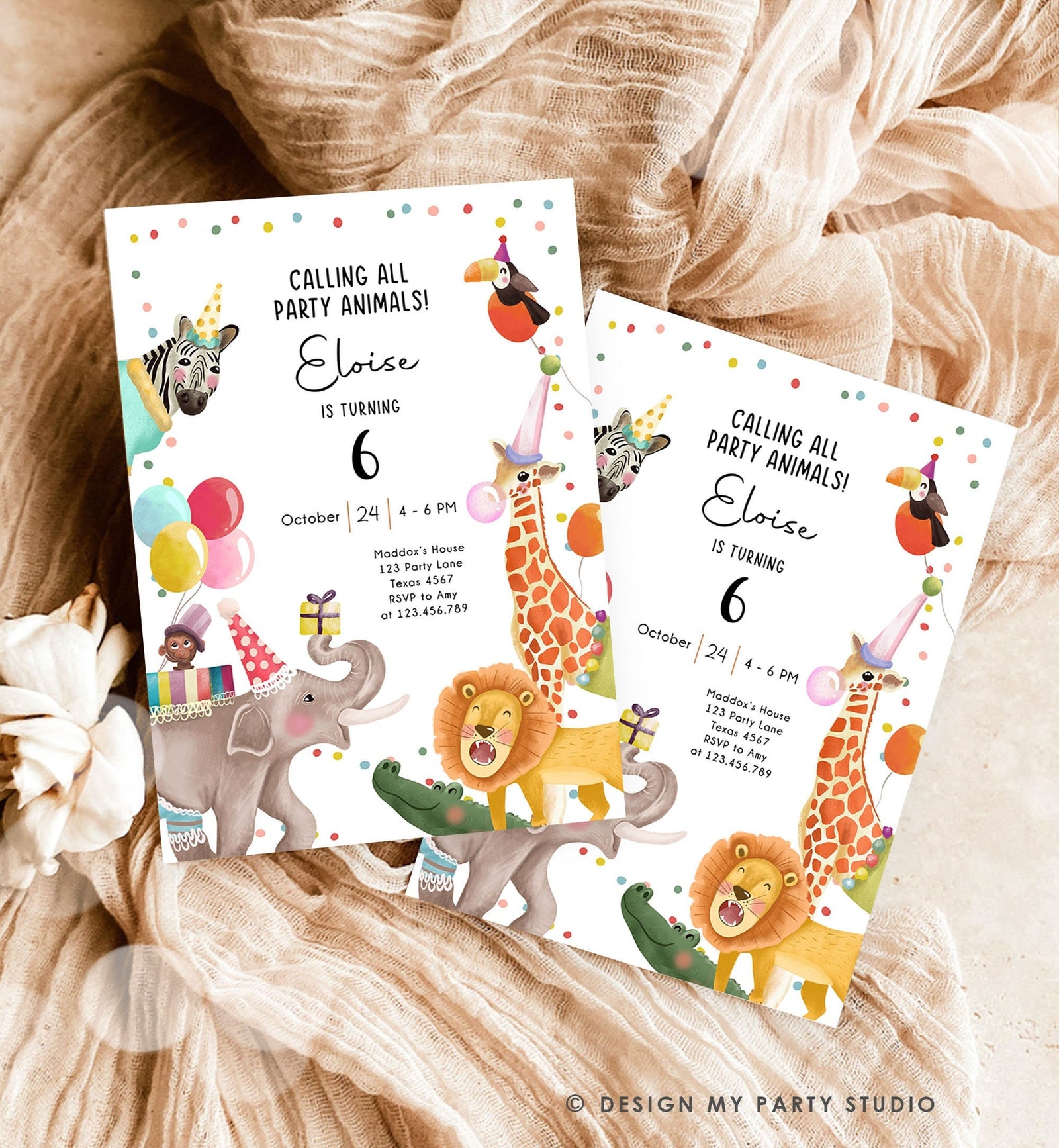 Editable Calling All Party Animals Birthday Invitation Wild One Jungle Zoo Safari Animals Boy Girl Digital Evite Template Printable 0482