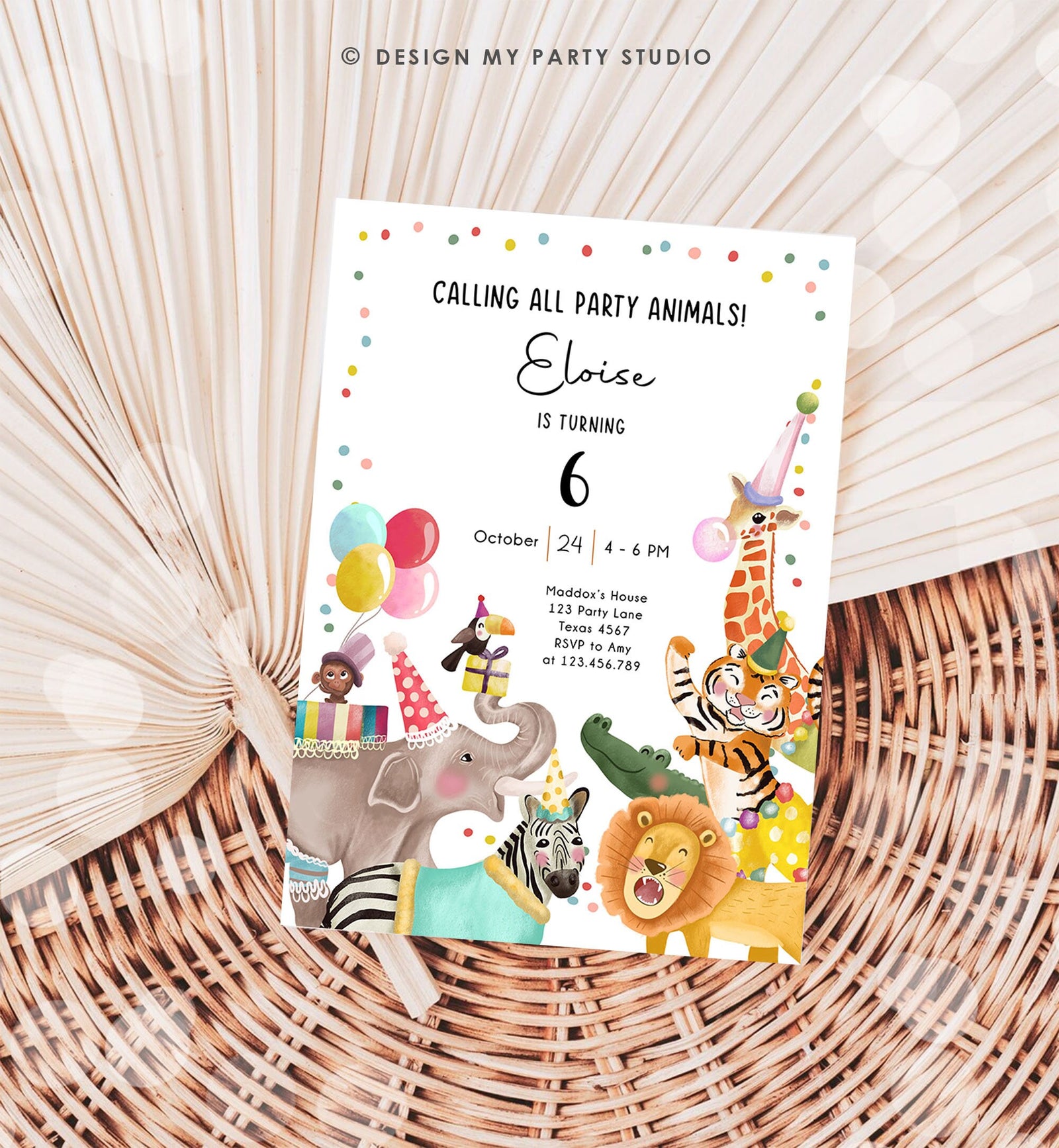 Editable Calling All Party Animals Birthday Invitation Wild One Jungle Zoo Safari Animals Boy Girl Digital Download Template Printable 0482