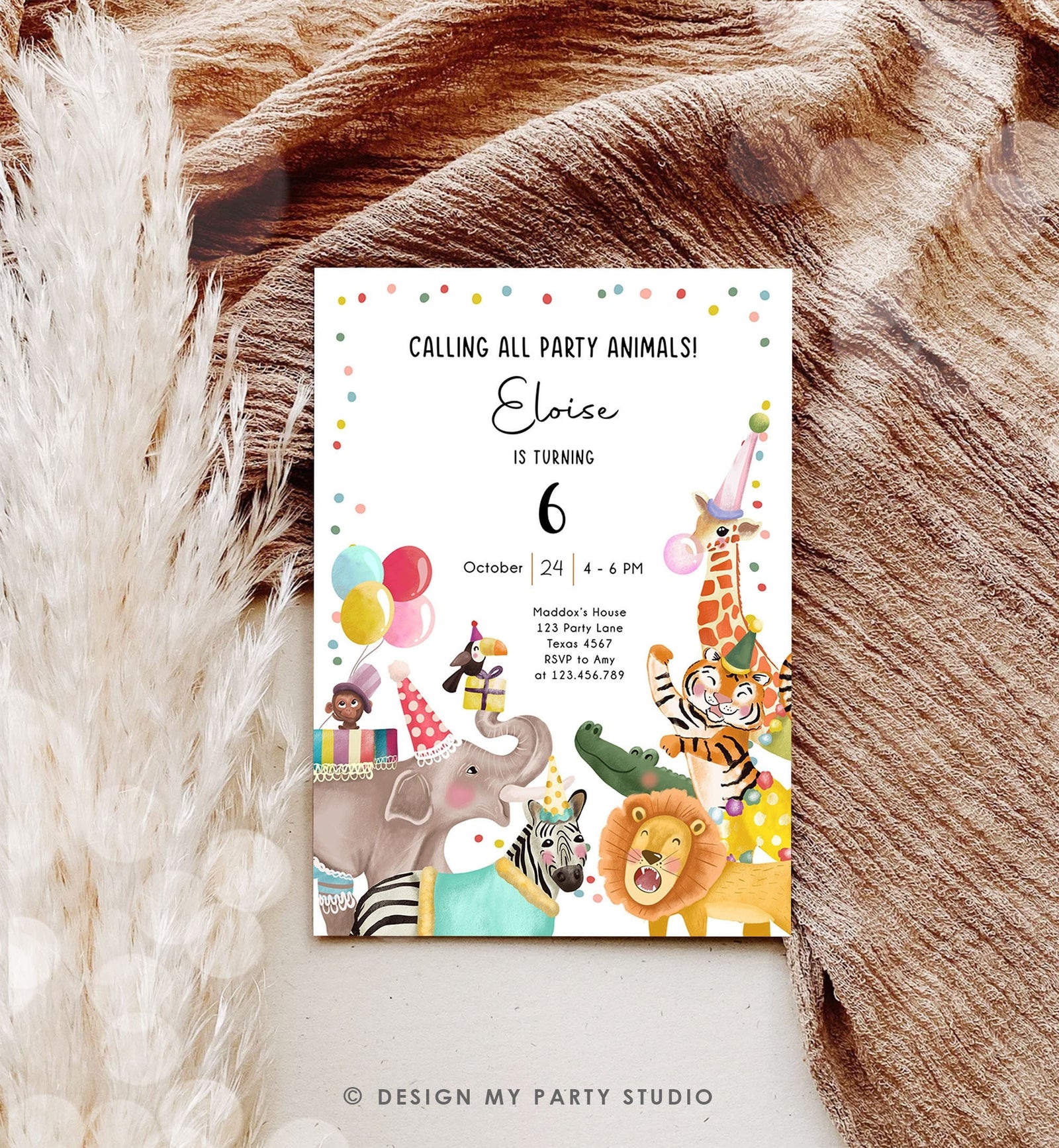 Editable Calling All Party Animals Birthday Invitation Wild One Jungle Zoo Safari Animals Boy Girl Digital Download Template Printable 0482