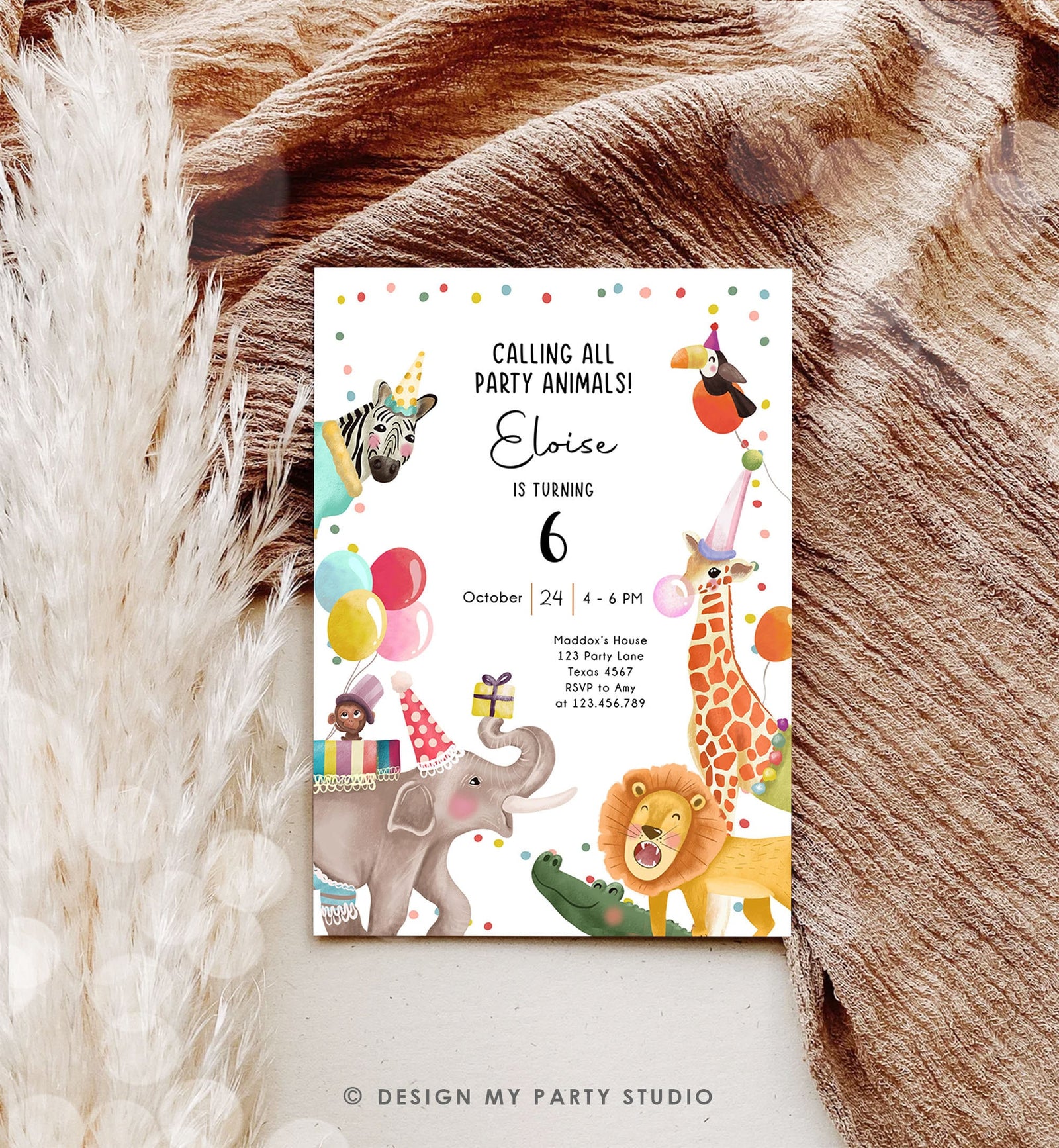 Editable Calling All Party Animals Birthday Invitation Wild One Jungle Zoo Safari Animals Digital Download Evite Template Printable 0482
