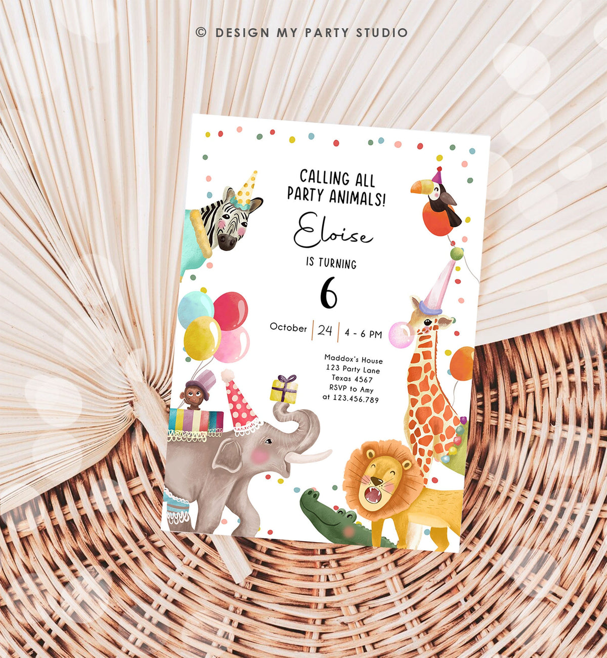 Editable Calling All Party Animals Birthday Invitation Wild One Jungle Zoo Safari Animals Digital Download Evite Template Printable 0482