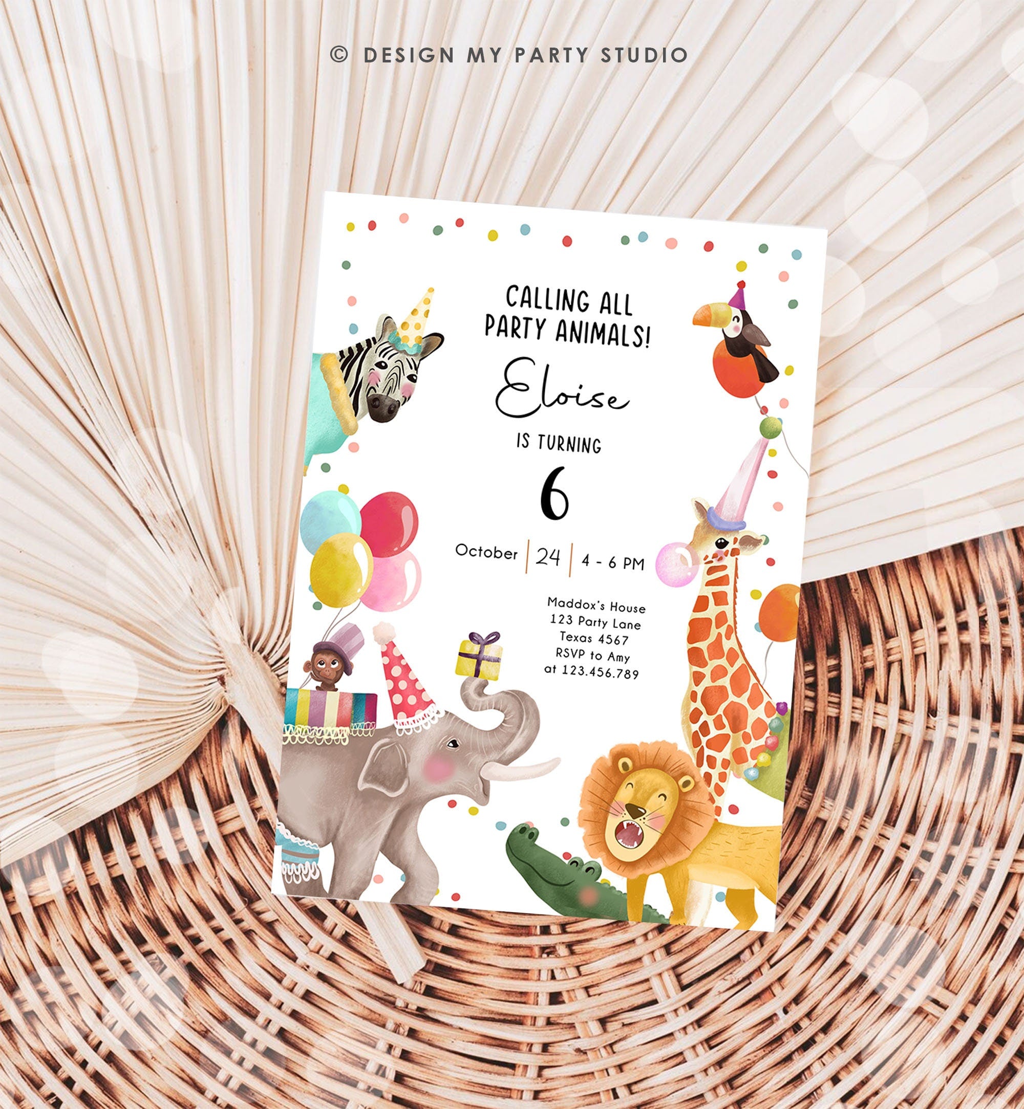 Editable Calling All Party Animals Birthday Invitation Wild One Jungle Zoo Safari Animals Digital Download Evite Template Printable 0482