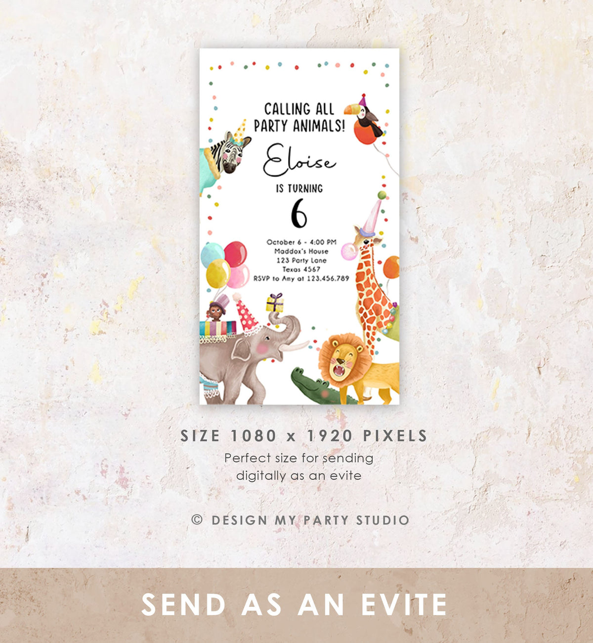 Editable Party Animals Birthday Evite Wild One Animals Invite Zoo Safari Animals Girl Digital Download Evite Template 0482